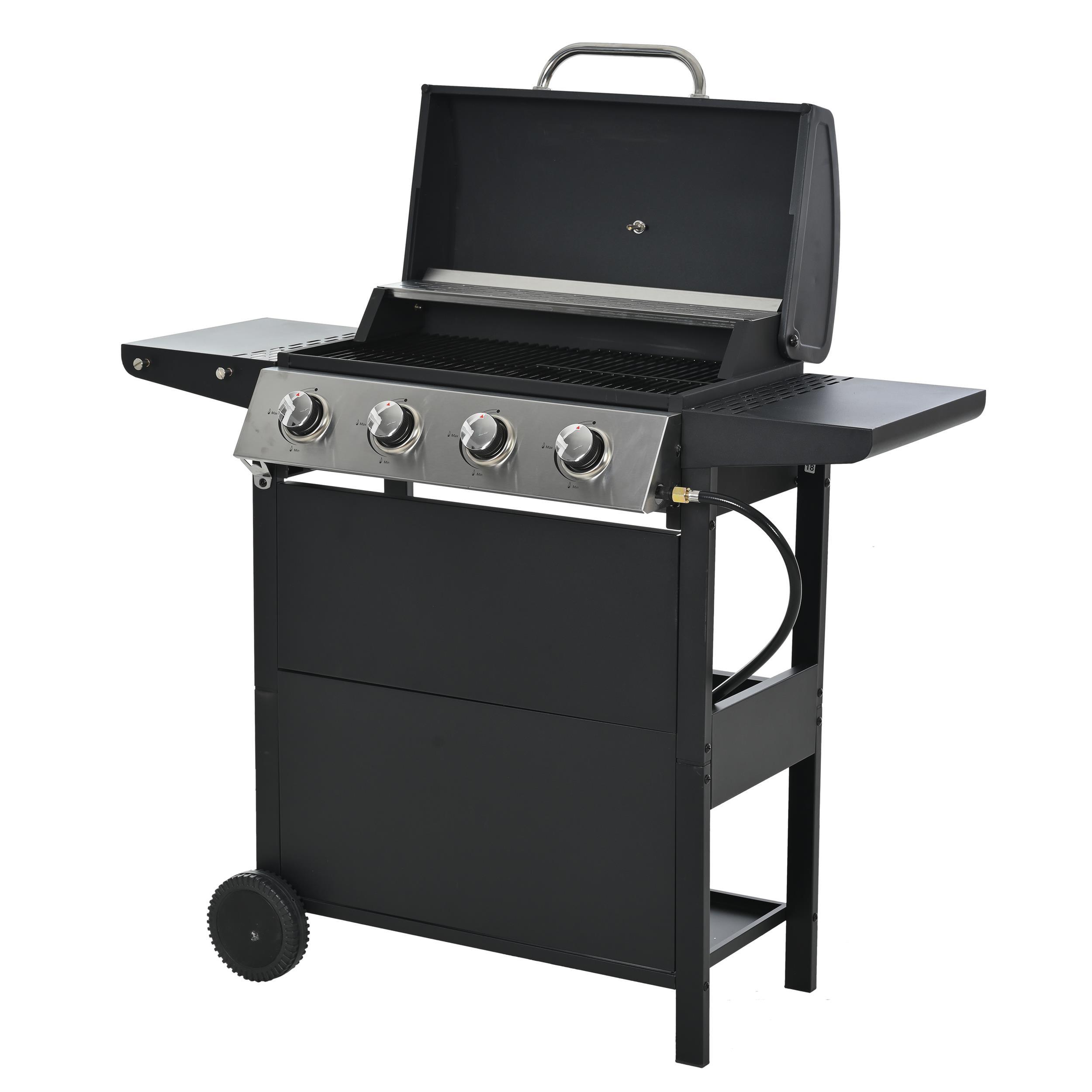 Stainless Steel 4-Burner Propane Gas Grill with Side Tables