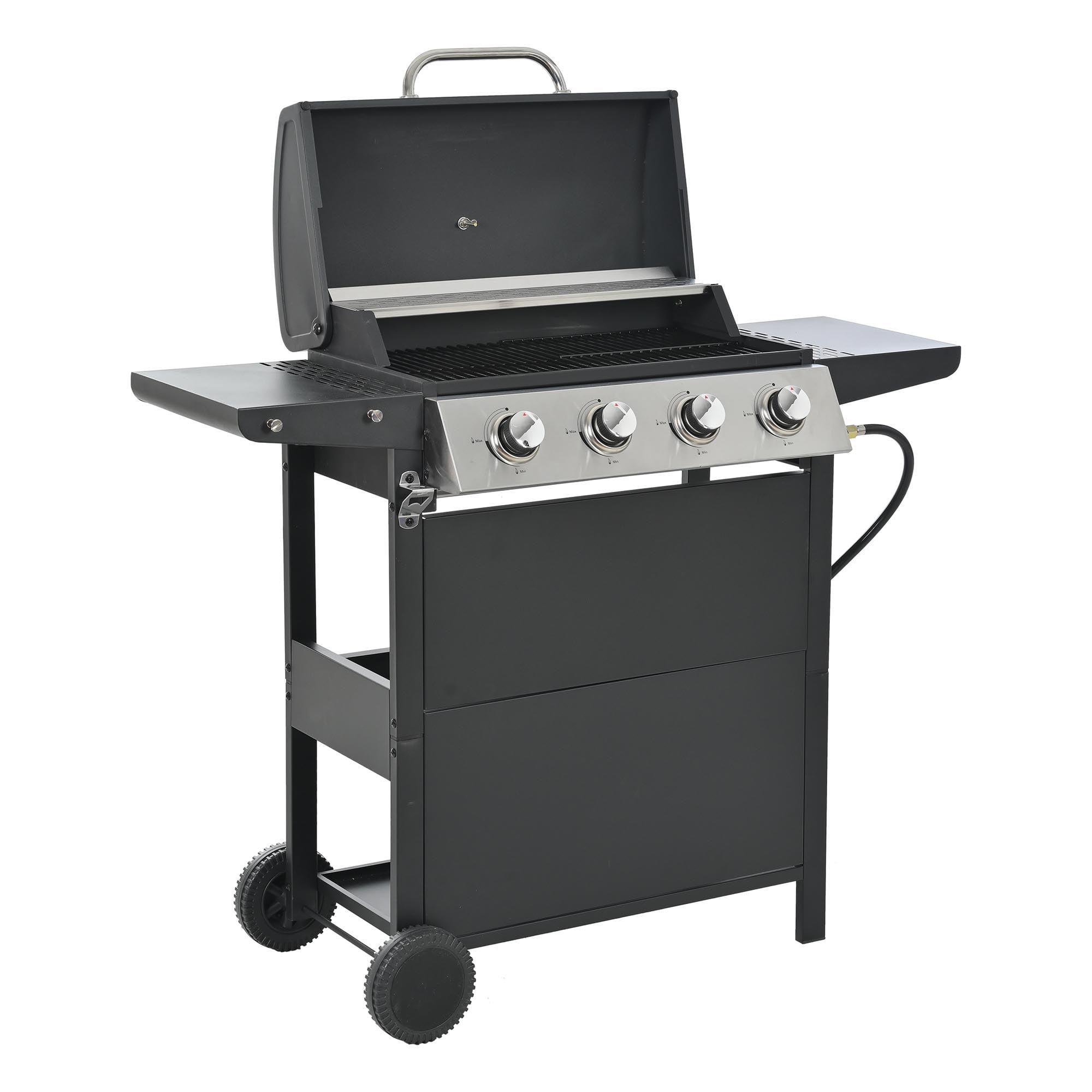 4-Burner Black Stainless Steel Propane Gas Grill with Side Burner