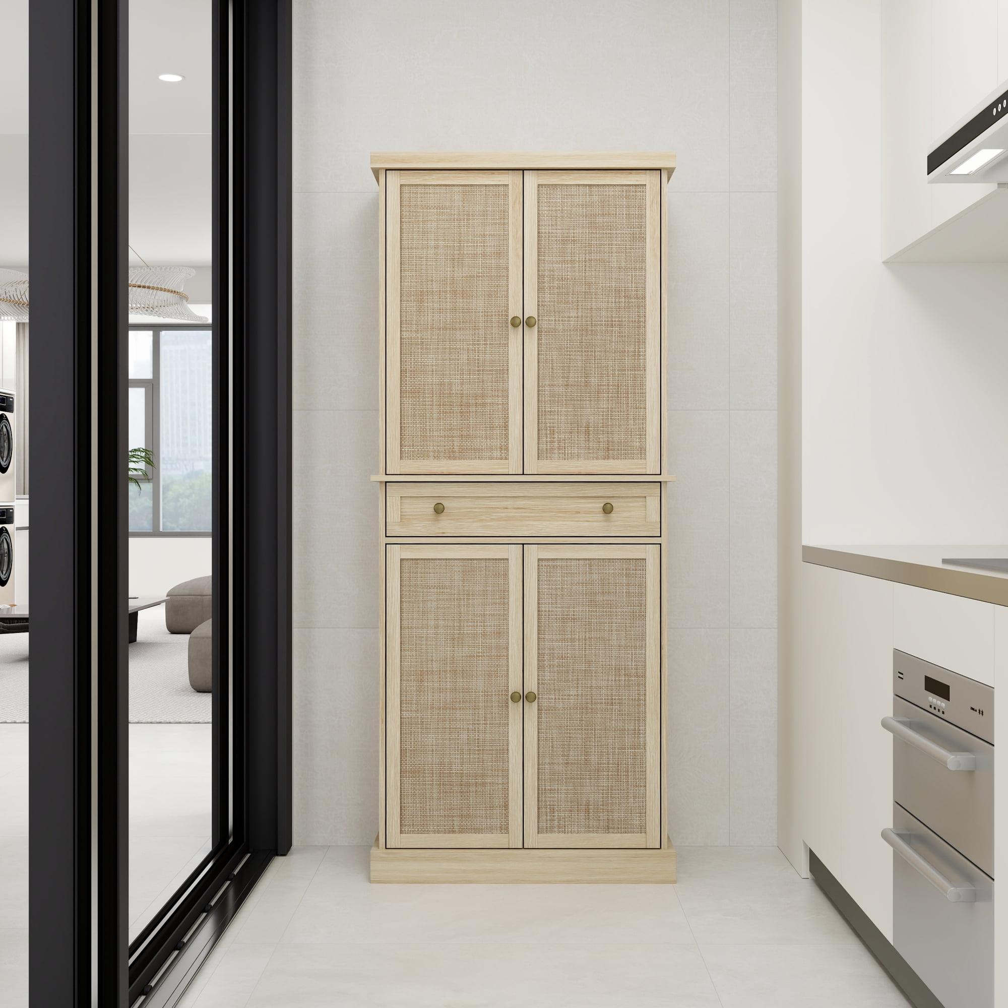 Natural Rattan and MDF 4-Door Storage Cabinet with Drawer