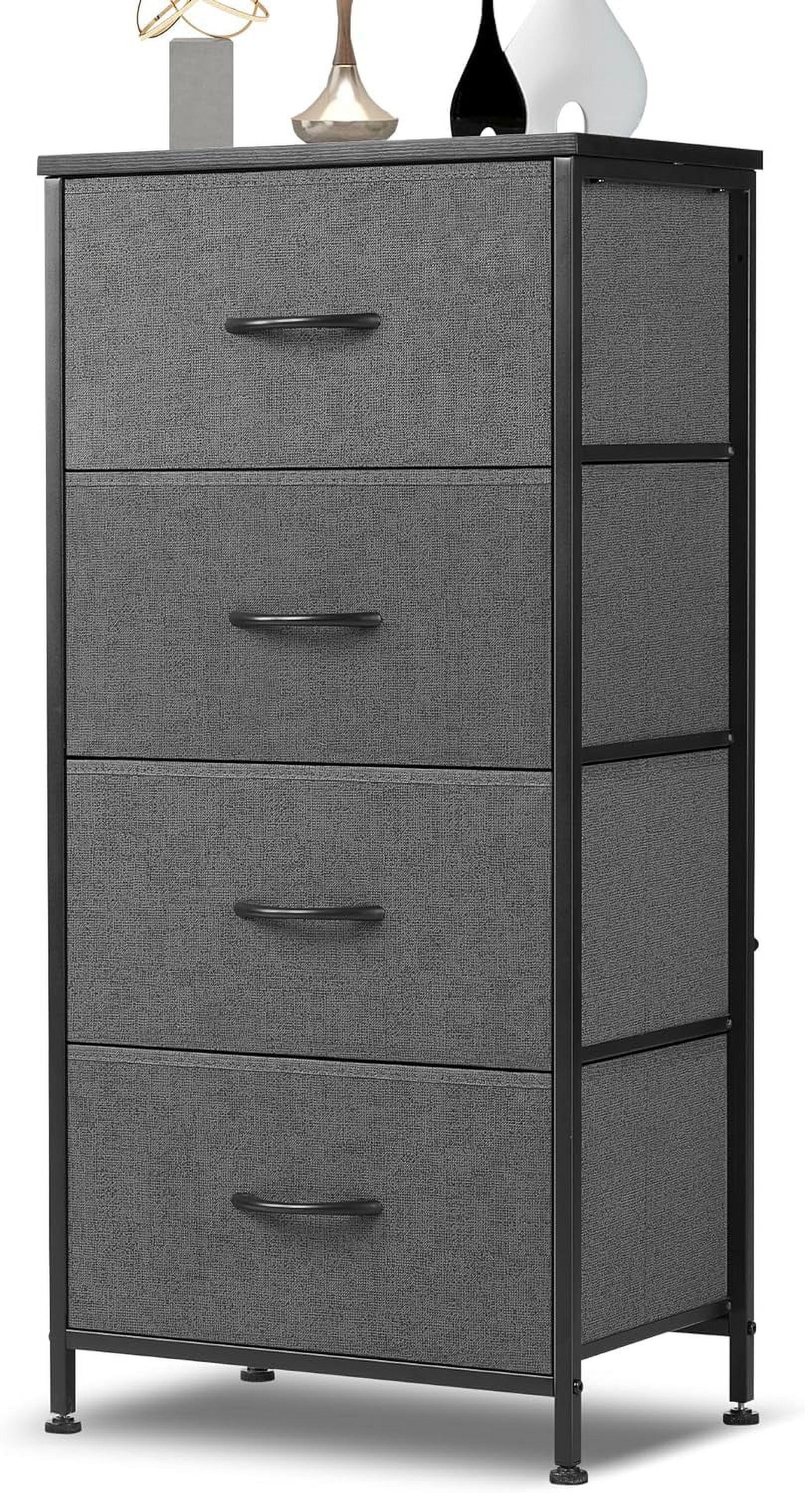 Gray Tall Fabric 4-Drawer Nursery Dresser with Wooden Top and Metal Frame