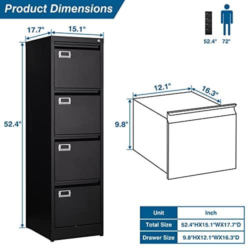 4 Drawer File Cabinet, Vertical Filing Cabinets with Lock, Metal File Cabinets for Home Office, Anti-Tip 4 Storage Drawers for Letter/Legal/A4/F4 Size (Assemble Required, Black)