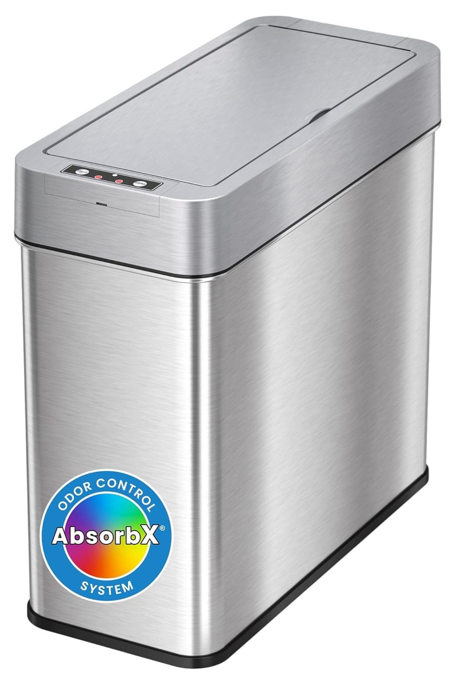 iTouchless Bathroom Sensor Trash Can with AbsorbX Odor Filter Left Side Lid Open Rectangular 4 Gallon Silver Stainless Steel