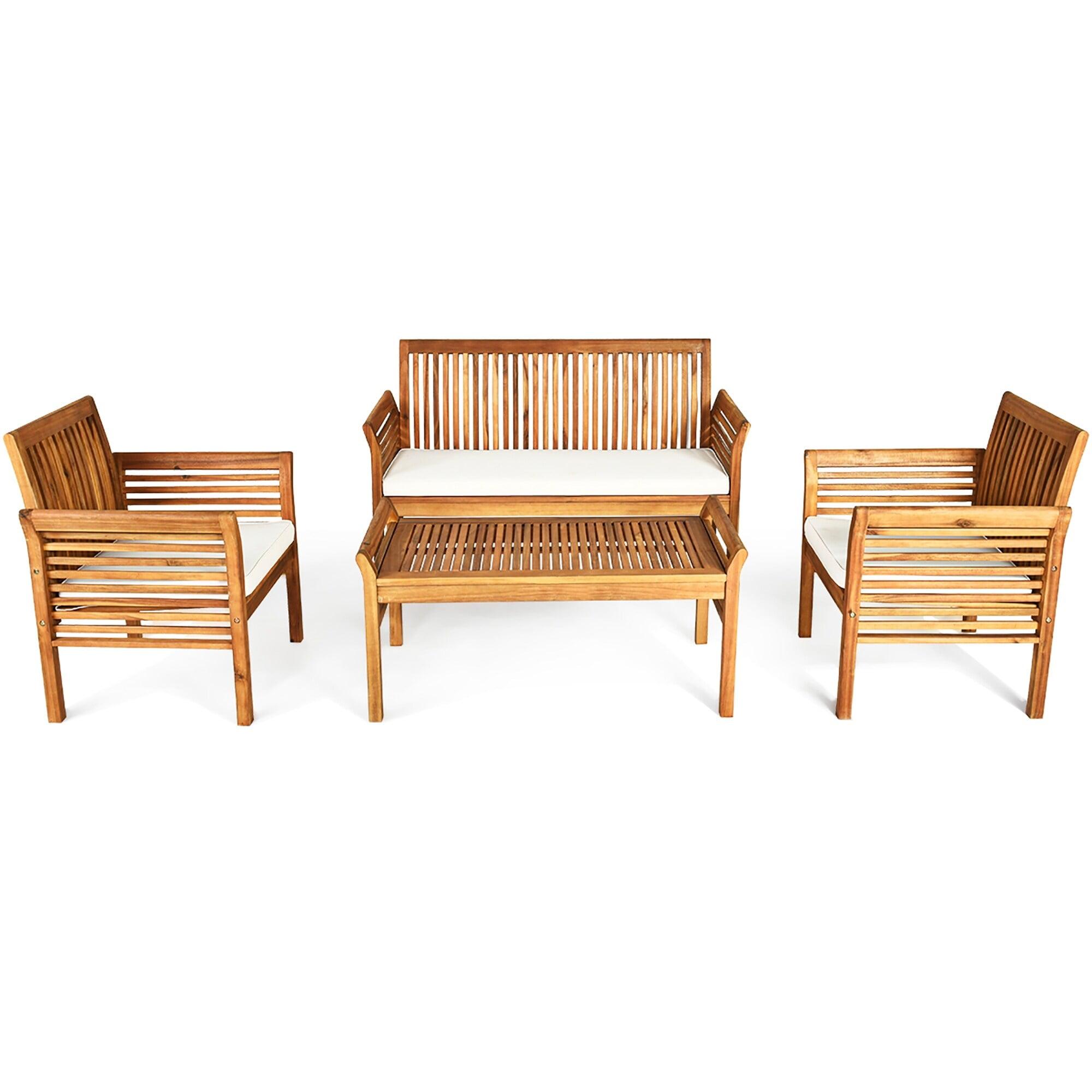 4 PCS Outdoor Wood Sofa Set Padded Patio Conversation Table Chair Set