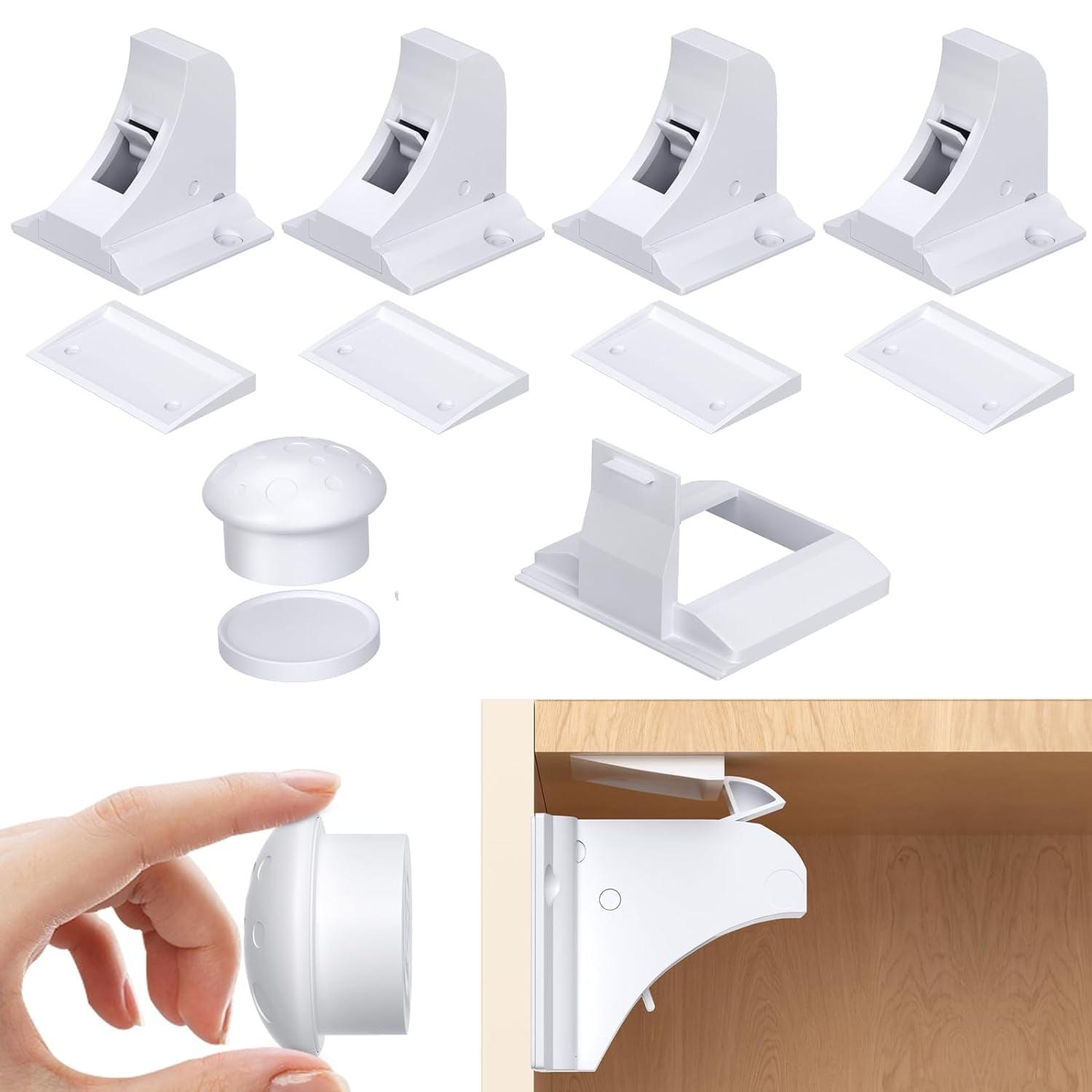 White Magnetic Child Safety Cabinet Locks with Adhesive, 4-Pack