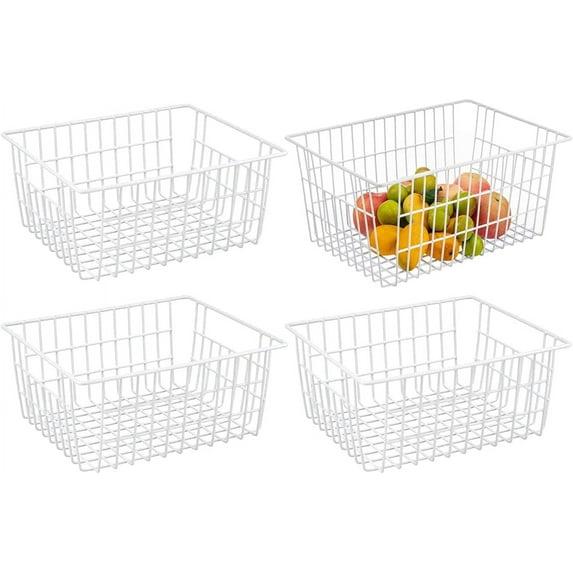 4 Pack Metal Wire Food Storage Basket for Kitchen, Decorative Baskets for Shelves, Basket Organizer with Handles, Large Bathroom Decor Organizer for Organizing,Household Pantry Baskets,White
