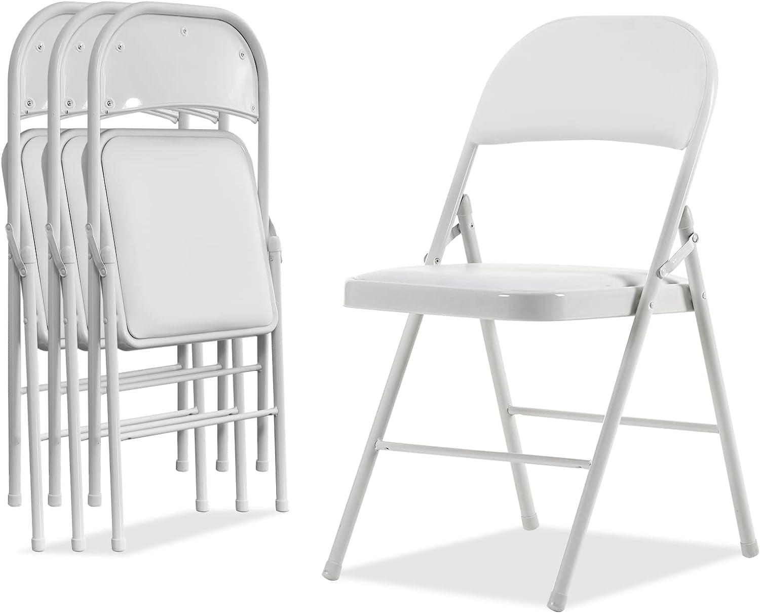 White Steel Frame Folding Chairs with Padded Seats, 4-Pack