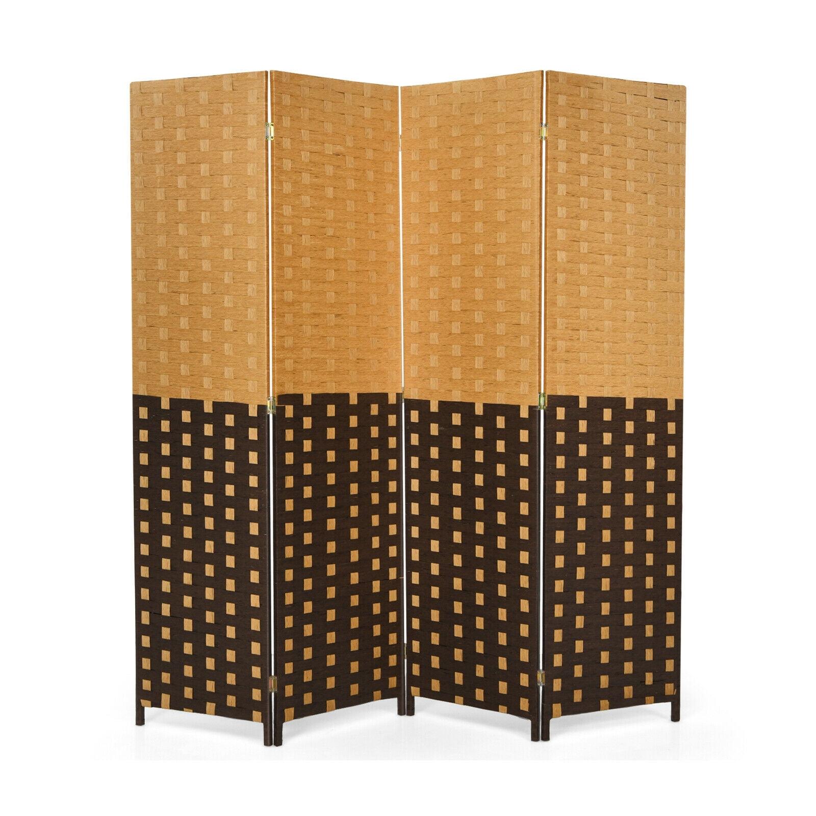 6' Brown Poplar Wood Folding Room Divider with Woven Panels