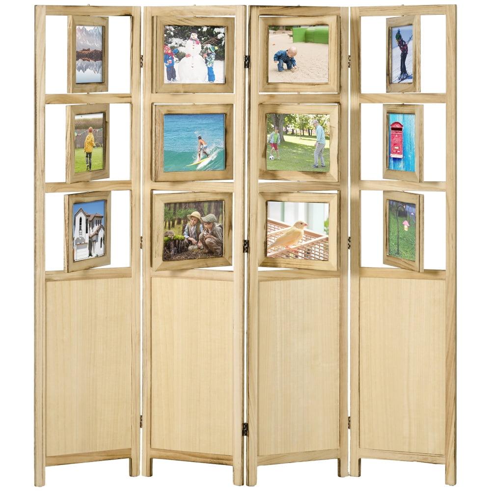 Natural Wood 4-Panel Folding Room Divider with Photo Frames