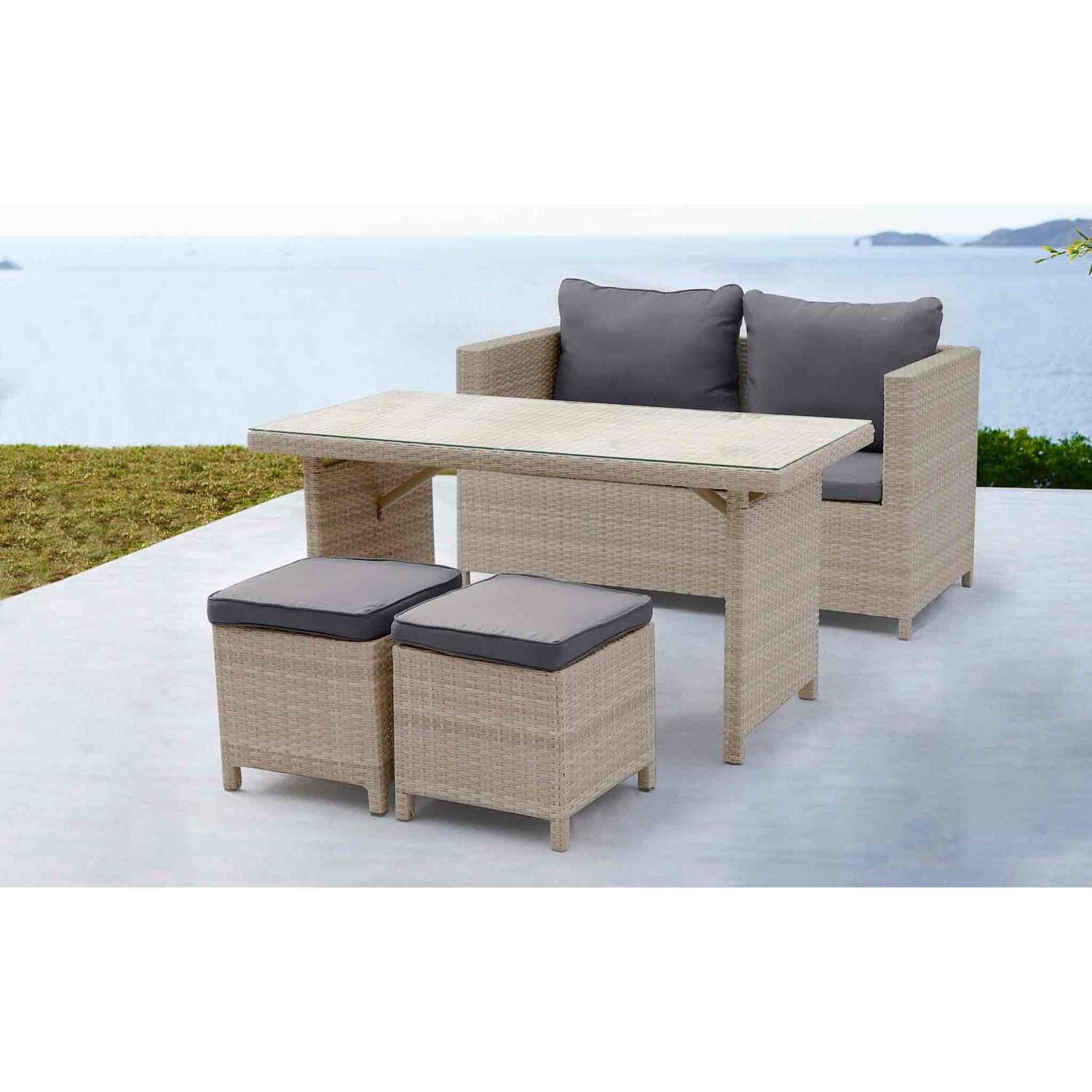 Whiteline Modern Living Abbie Outdoor Dining Collection, beige wicker with aluminum frame, 4pc/set Table:1pc Size:W50 D25 H26 Two seat chair:1pc Size:W53 D26 H27 Stool:2pcs Size:W15 D15 H14/16..Flat P