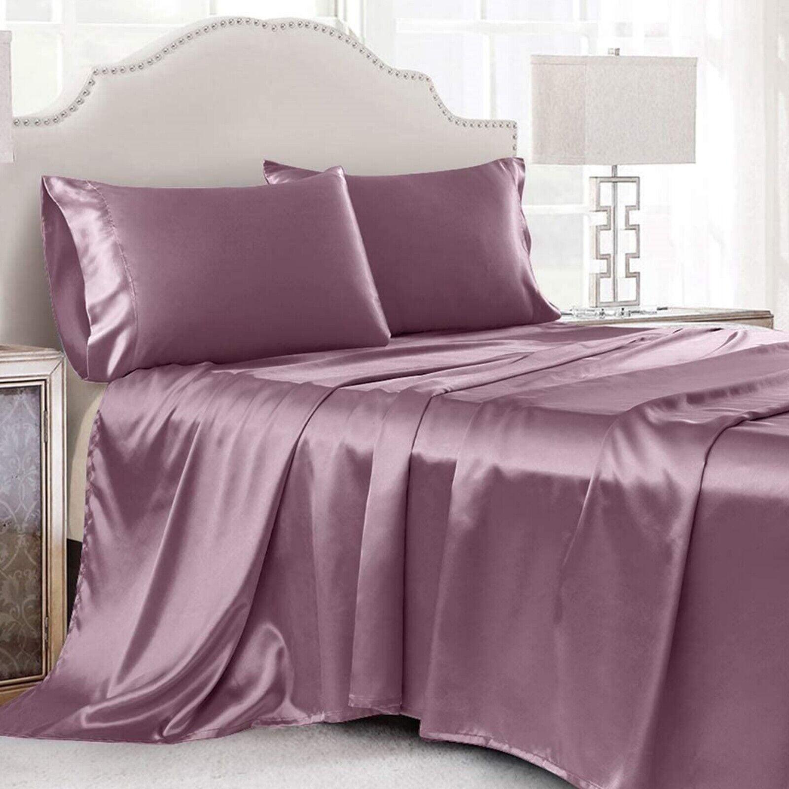 4 Pcs Smooth Satin Silk Sheet Set Deep Pocket Bed Sheet Wrinkle Fade Resistant