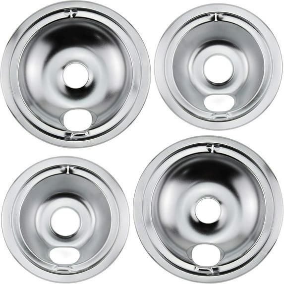 4 Pcs Stove Burner Drip Pans Chrome Replacement for Whirlpool Amana Maytag Magic-Chef Kenmore GE Electric Range  2 x 6" 2 x 8"