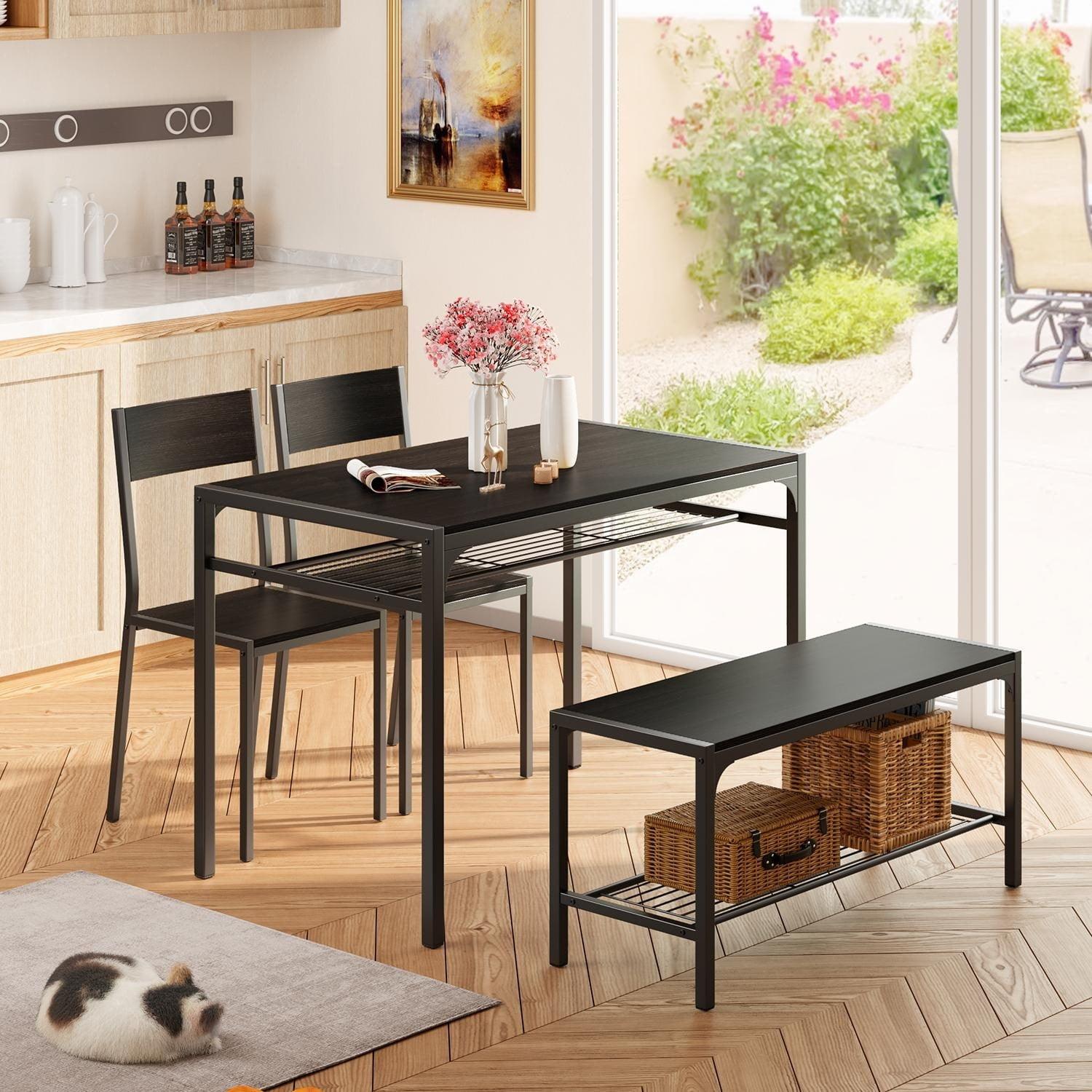 Black Metal and Wood 4-Piece Dining Set with Bench