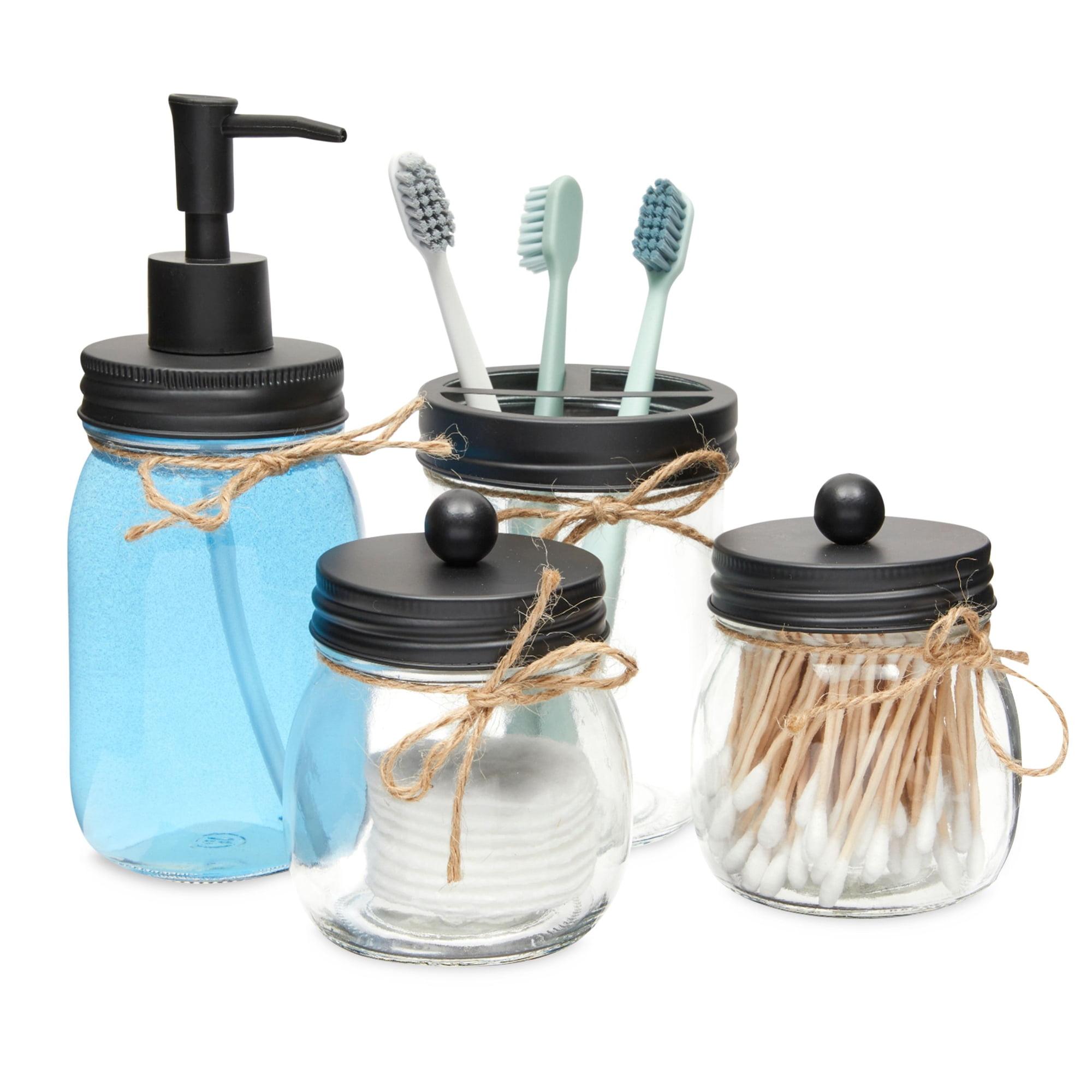 Okuna Outpost 4 Piece Glass Bathroom Accessories Set with Soap Dispenser, Toothbrush Holder, Apothecary Mason Jar