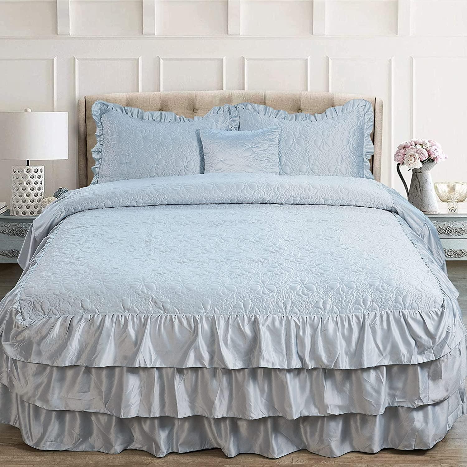 Light Blue Reversible Microfiber Queen Bedspread Set