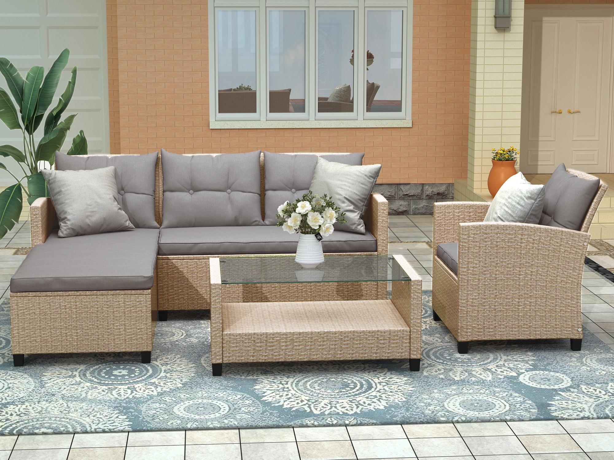 4-Piece Beige Brown Wicker Patio Set with Gray Cushions