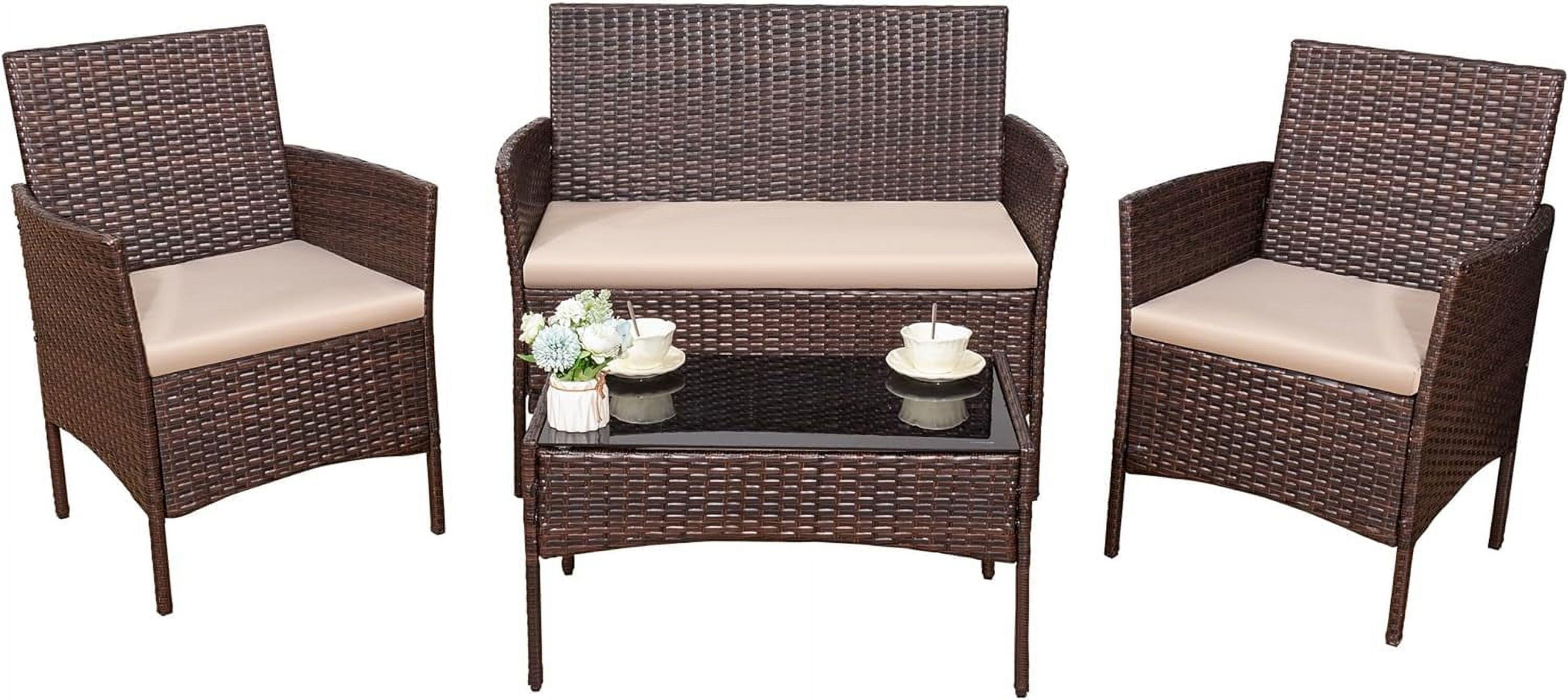 4 Pieces Outdoor Patio Furniture Set, Rattan Wicker Chairs Balcony Lawn Porch Patio Furniture Sets with Beige Cushion and Table (Brown)