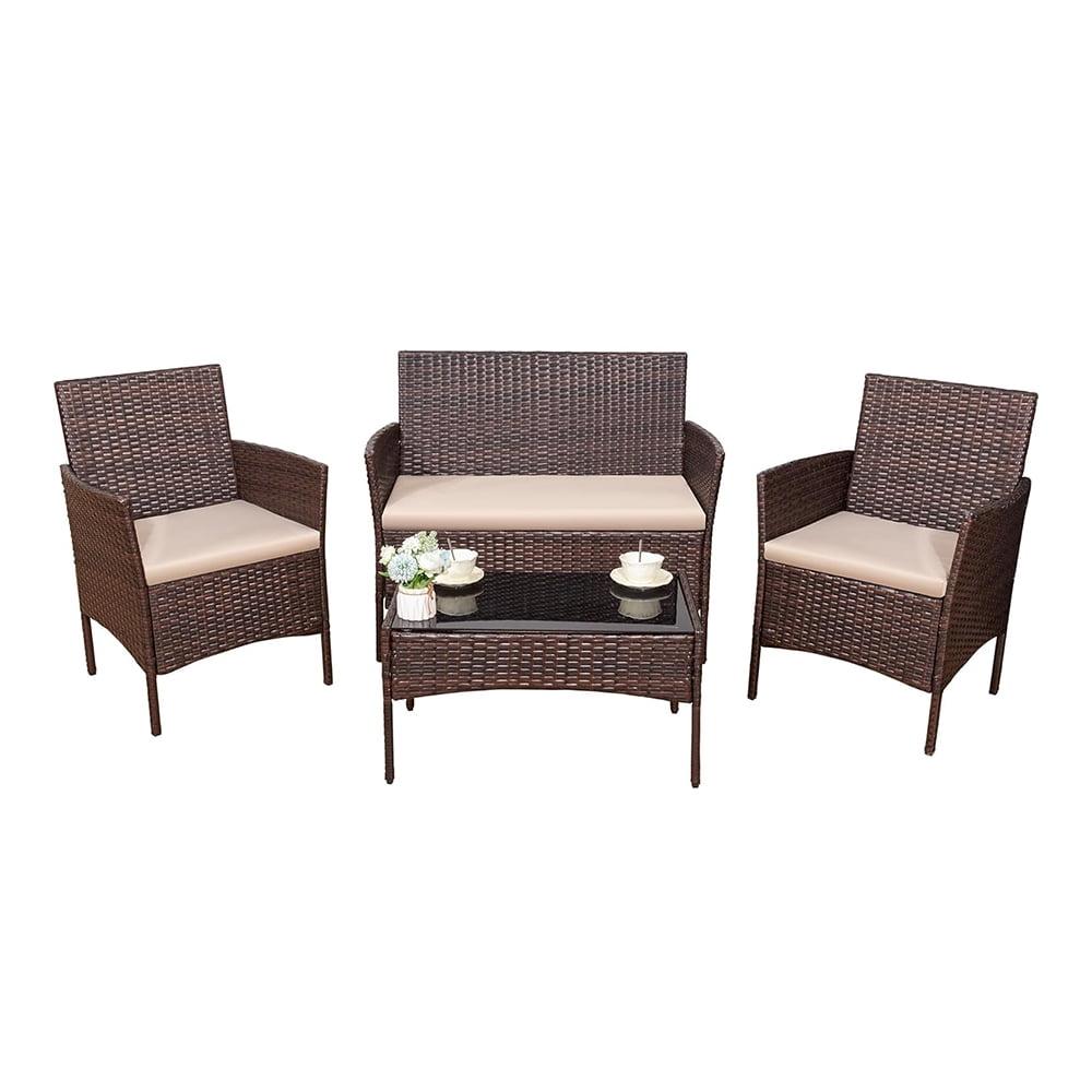 4 Pieces Outdoor Patio Furniture Set, Rattan Wicker Chairs Balcony Lawn Porch Patio Furniture Sets with Beige Cushion and Table (Brown)