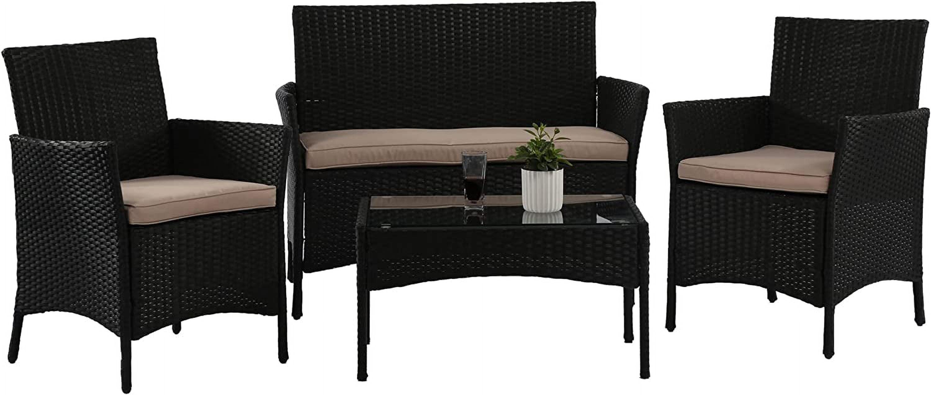 4-Piece Black and Khaki Rattan Patio Furniture Set with Cushions