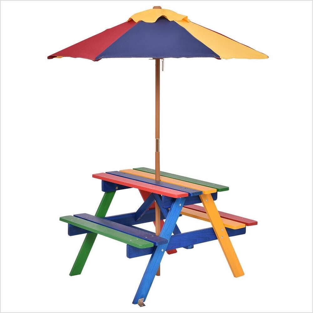 Rainbow Wood Kids Picnic Table with Umbrella, 4 Seats