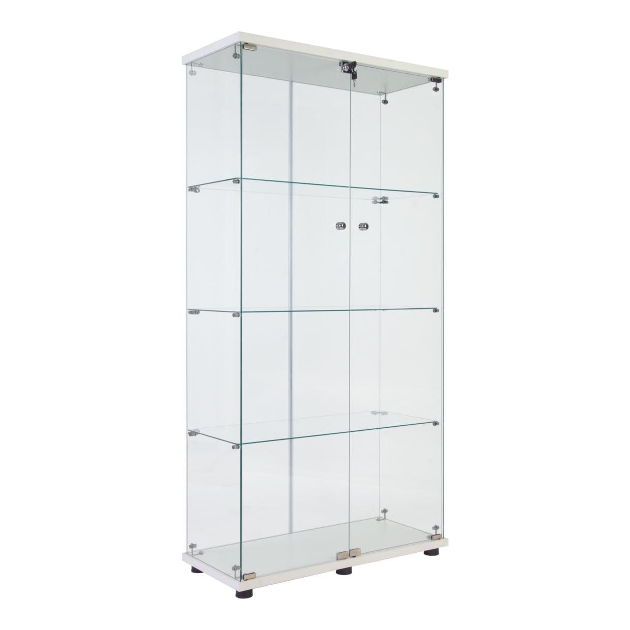 White Glass Display Cabinet with Four Shelves and Doors