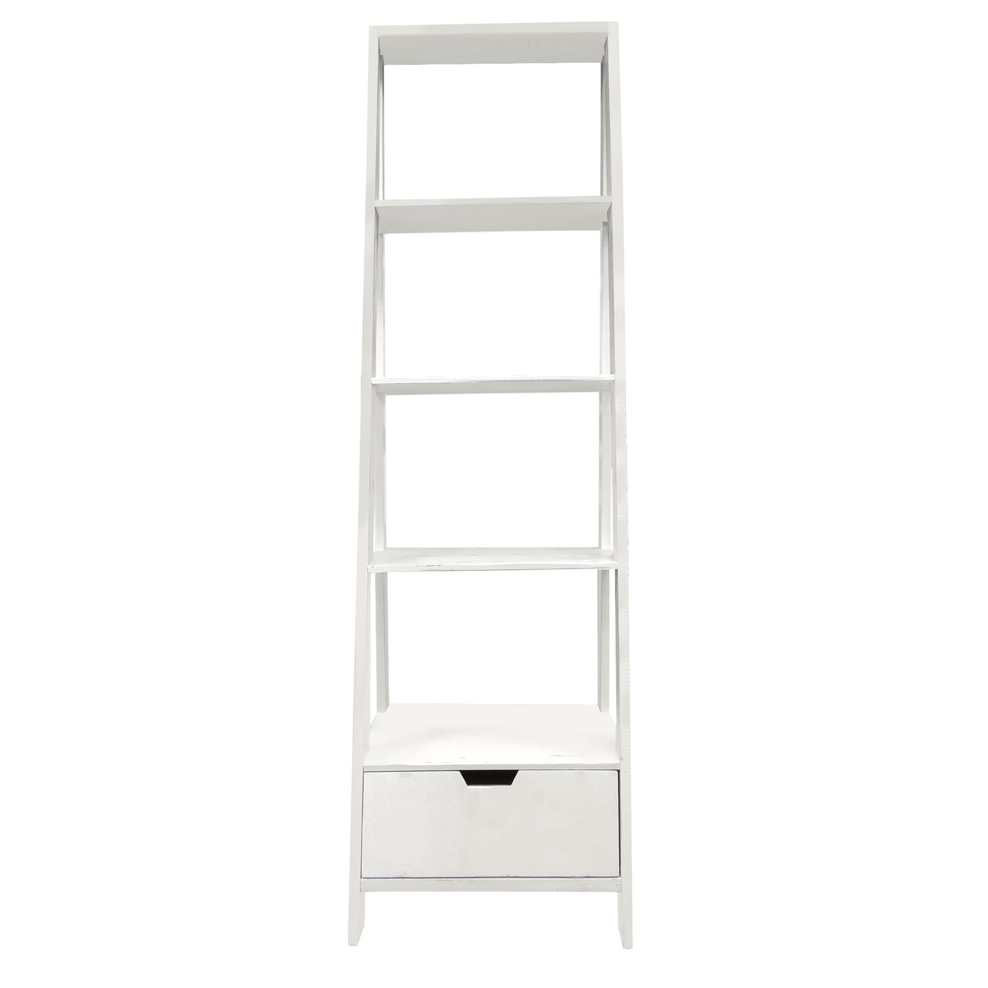 Farmhouse Chic 5-Tier White Wooden Ladder Bookcase with Drawer