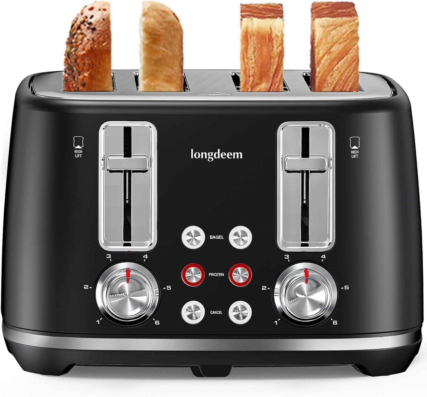 LONGDEEM 4 Slice Toaster, Extra Wide Slots, Longdeem Retro Stainless Steel Toasters, 6 Browning Options, Auto Shut Off & Frozen Function, Toast Fruit Bread, Bagel & Waffle