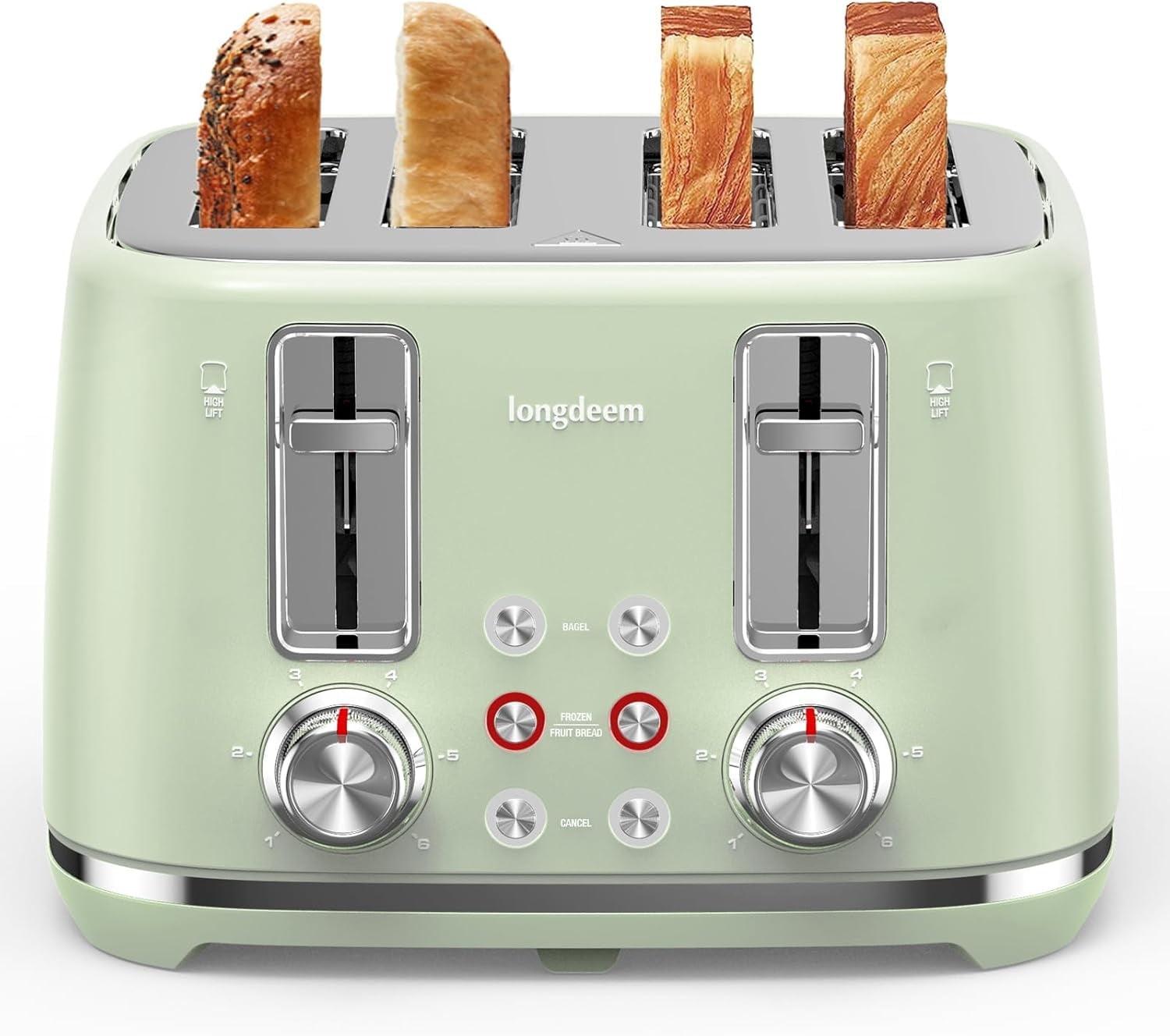 4 Slice Toaster, Extra Wide Slots, Longdeem Retro Stainless Steel Toasters, 6 Browning Options, Auto Shut Off & Frozen Function, Toast Fruit Bread, Bagel & Waffle