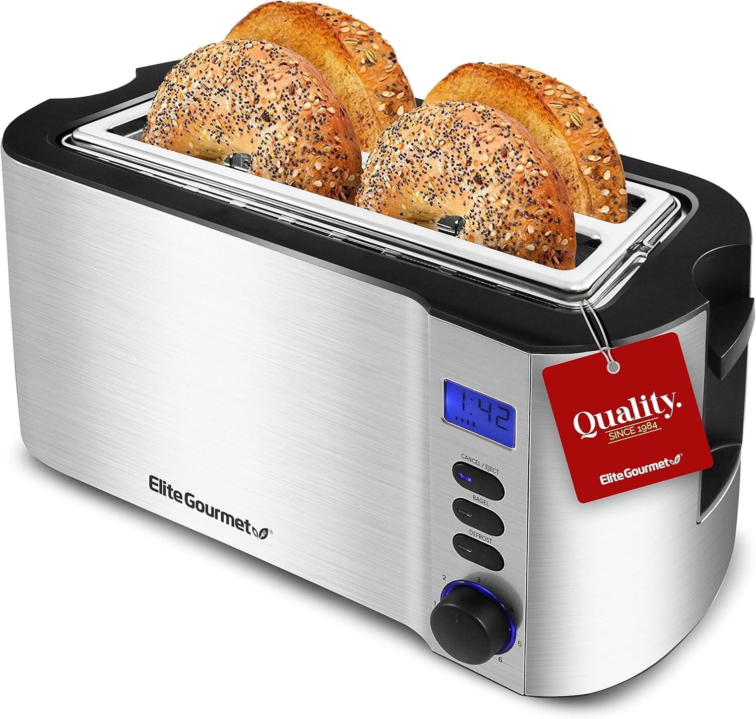 Elite Gourmet 4-Slice Digital, Stainless Steel Long-Slot Toaster