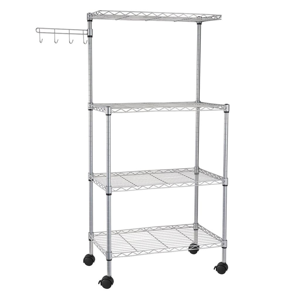 Chrome 4-Tier Metal Kitchen Bakers Rack with Hooks