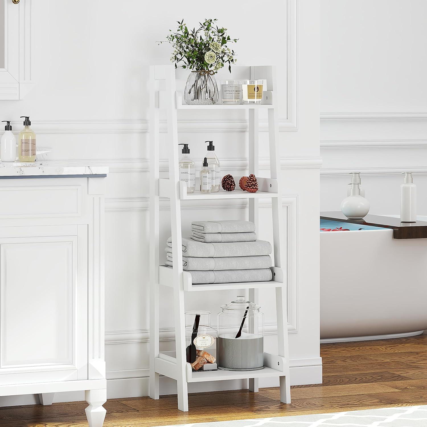 White 4-Tier Wood Over-the-Toilet Ladder Shelf