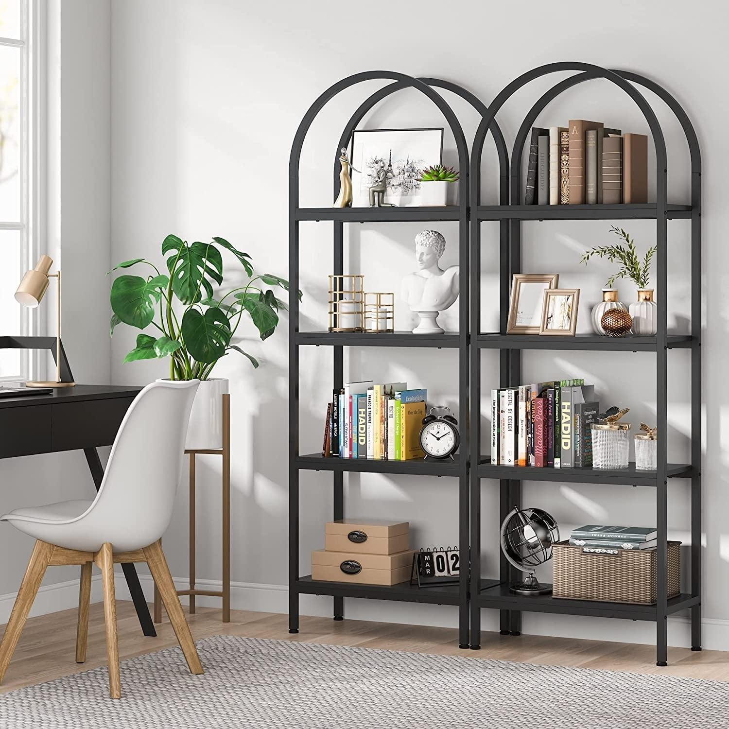 Black Industrial 4-Tier Wood Open Bookshelf with Curved Top