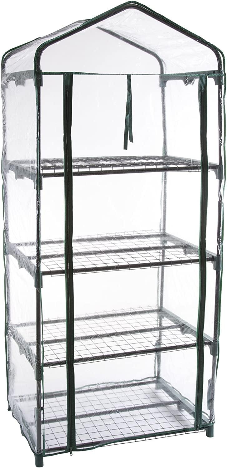 Compact 4-Tier Green Iron Mini Greenhouse with Zippered PVC Cover