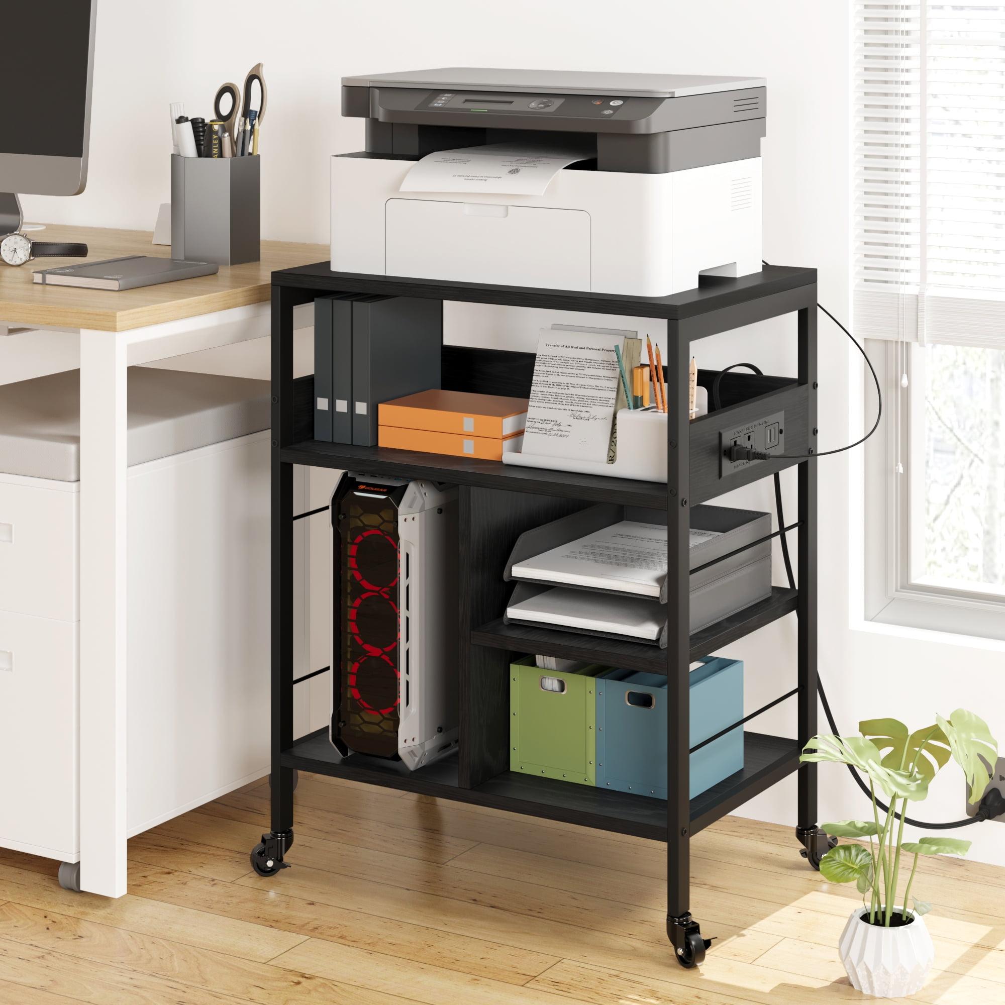 Retro Black 4-Tier Rolling Printer Stand with Storage and Charging Ports