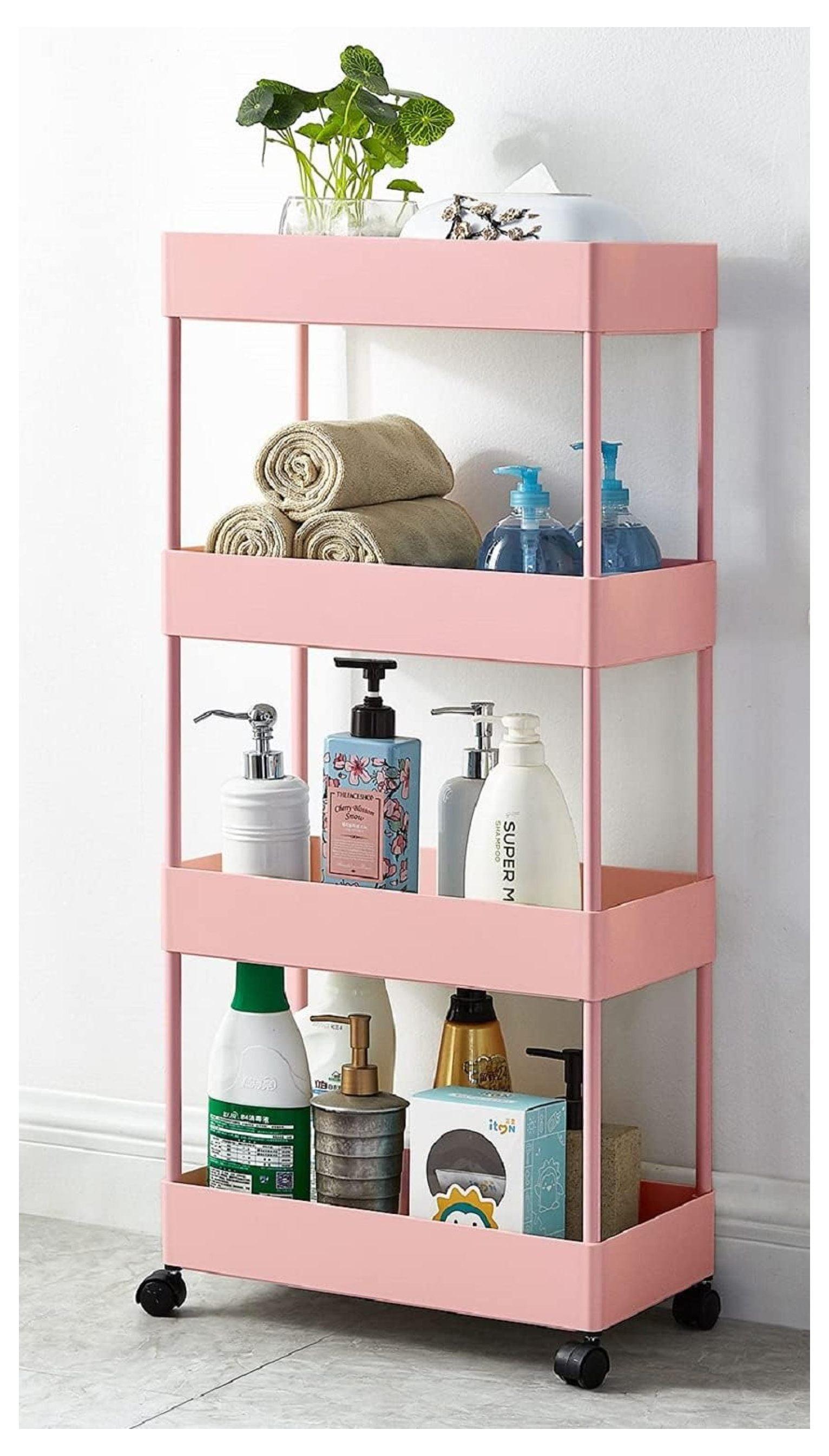 Slim Rolling Storage Cart 4 Tier Bathroom Organizer Utility Cart Mobile Shelving Unit Tower Rack for Kitchen, Laundry Room, Bathroom, Narrow Places, Pink