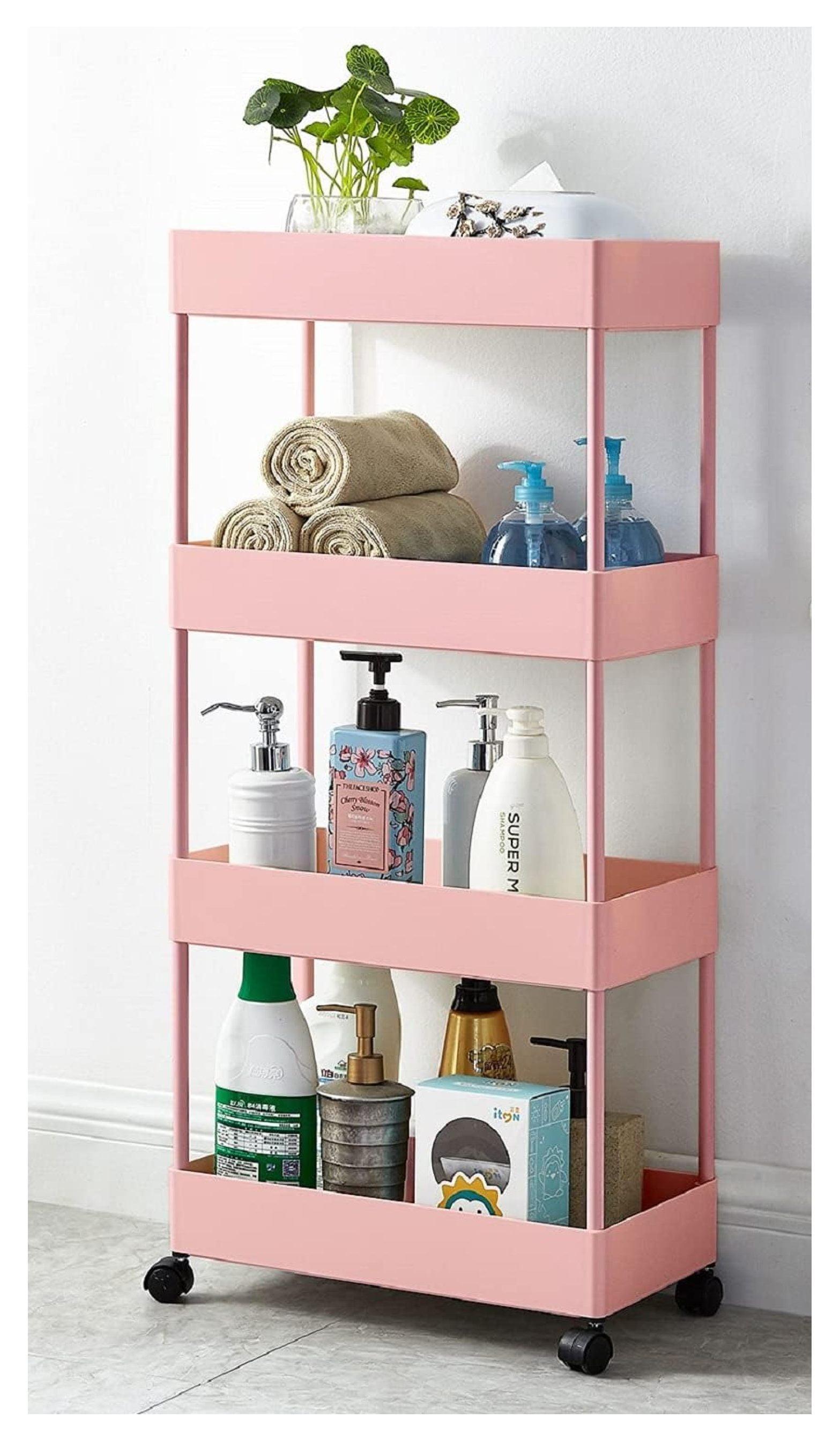 Slim Rolling Storage Cart 4 Tier Bathroom Organizer Utility Cart Mobile Shelving Unit Tower Rack for Kitchen, Laundry Room, Bathroom, Narrow Places, Pink