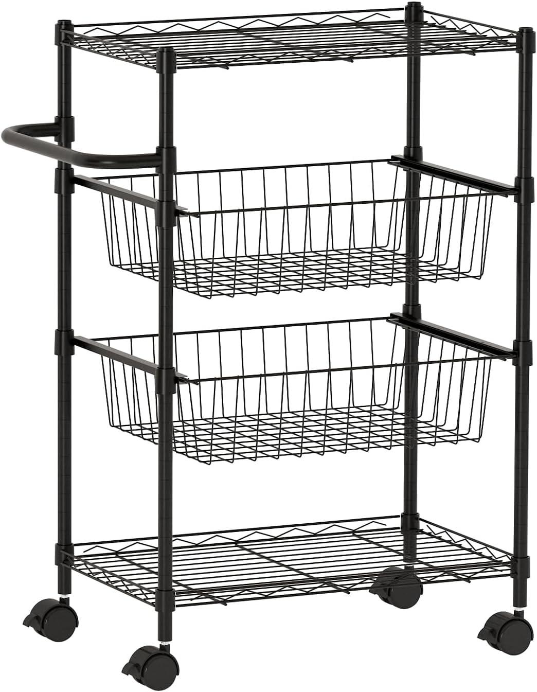 4 Tier Rolling Carts, Metal Wire Utility Cart with Wheels & Handle Bar, 110Lbs Heavy Duty Serving Trolley Storage Cart for Restaurant, Kitchen, Black