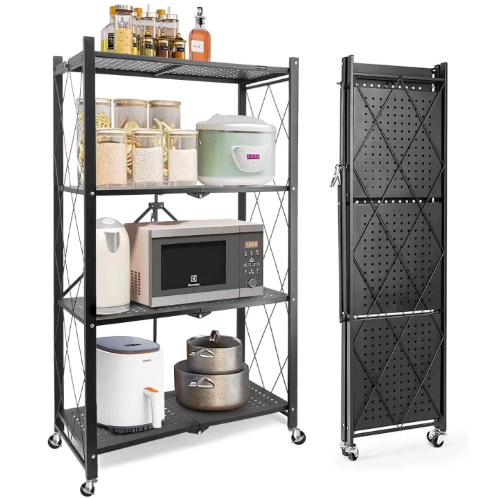 Foldable Storage Shelves, Heavy Duty Metal Shelving Unit for Garage, Kitchen & Basement Organization - 4-Tier Rack with Wheels, Easy Assembly, Black