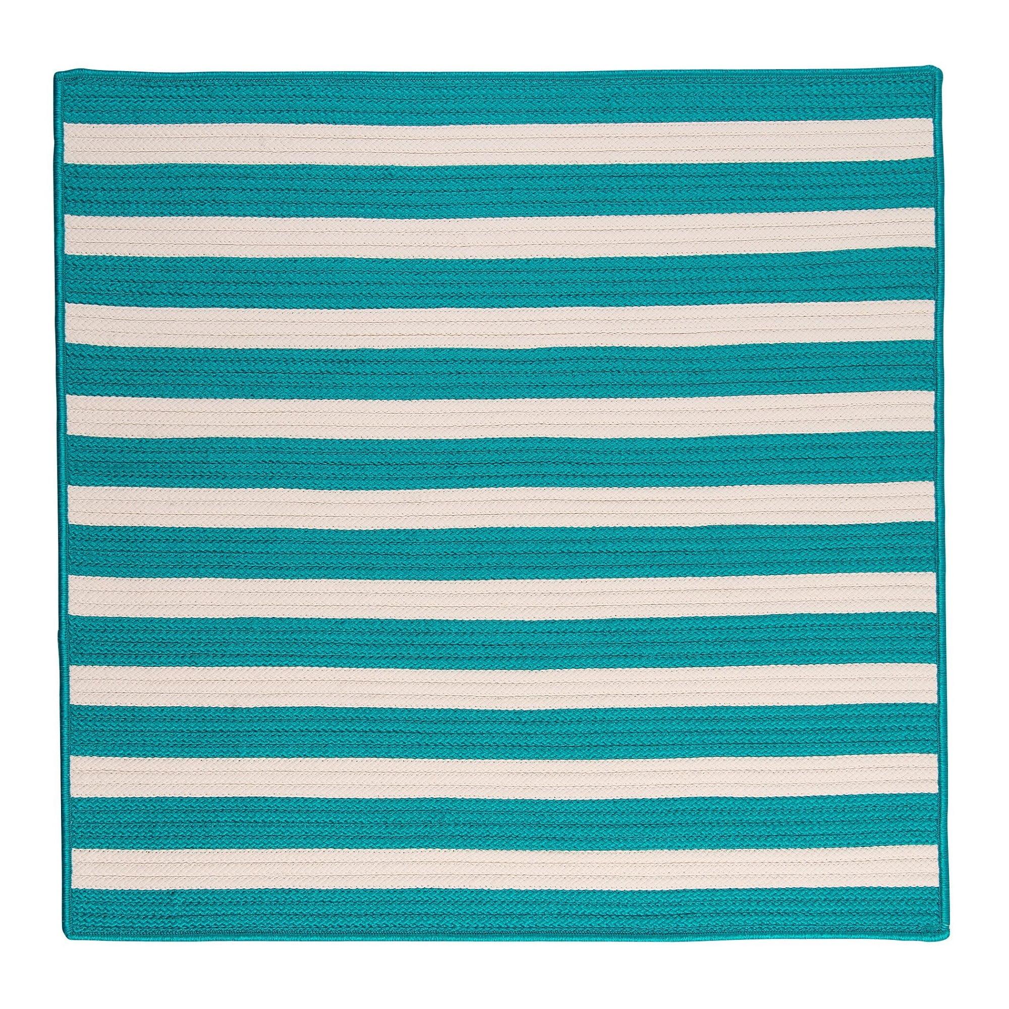 Turquoise Blue and White Square 4' Braided Reversible Rug