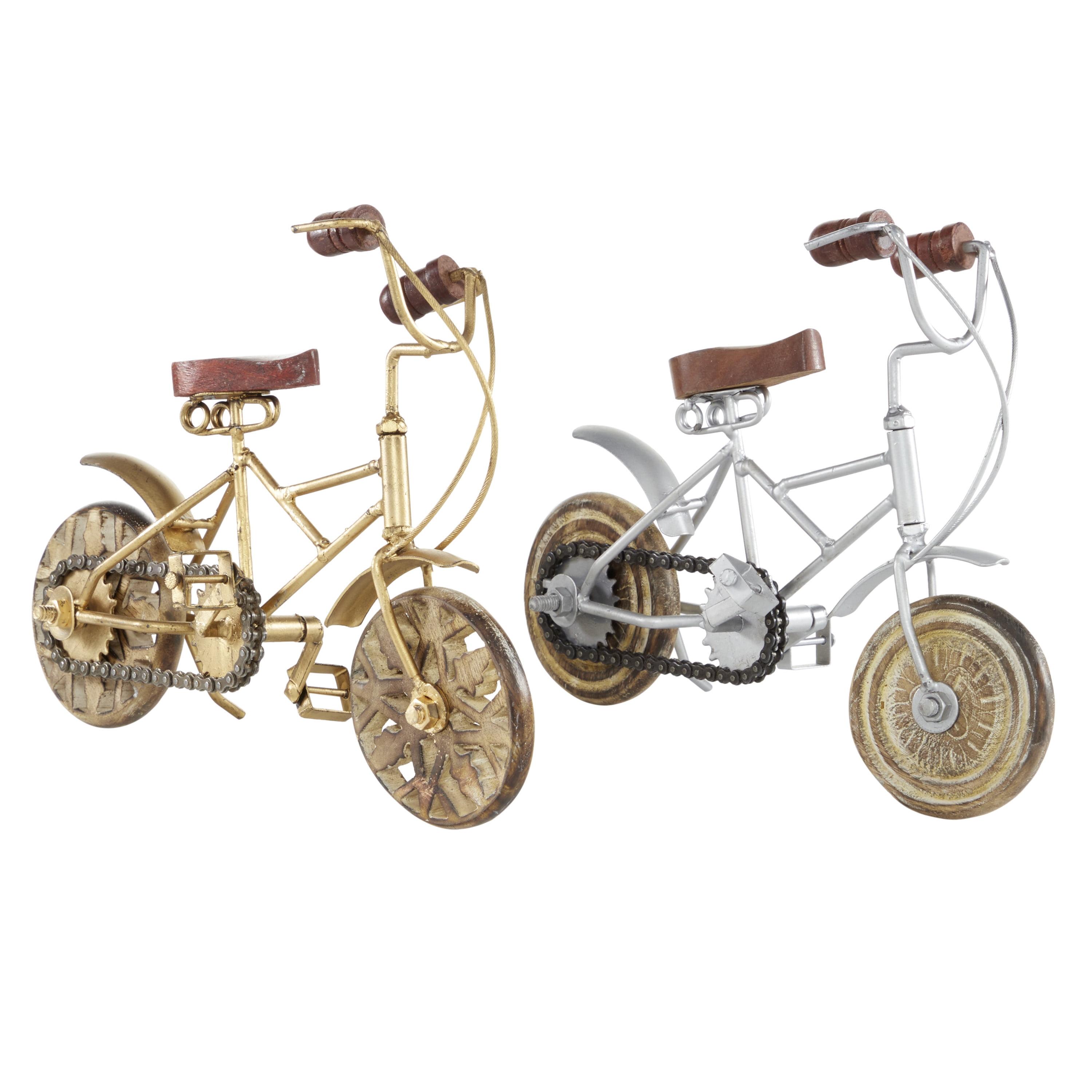 Vintage-Inspired Metallic Bicycle Statues with Wooden Accents, Set of 2