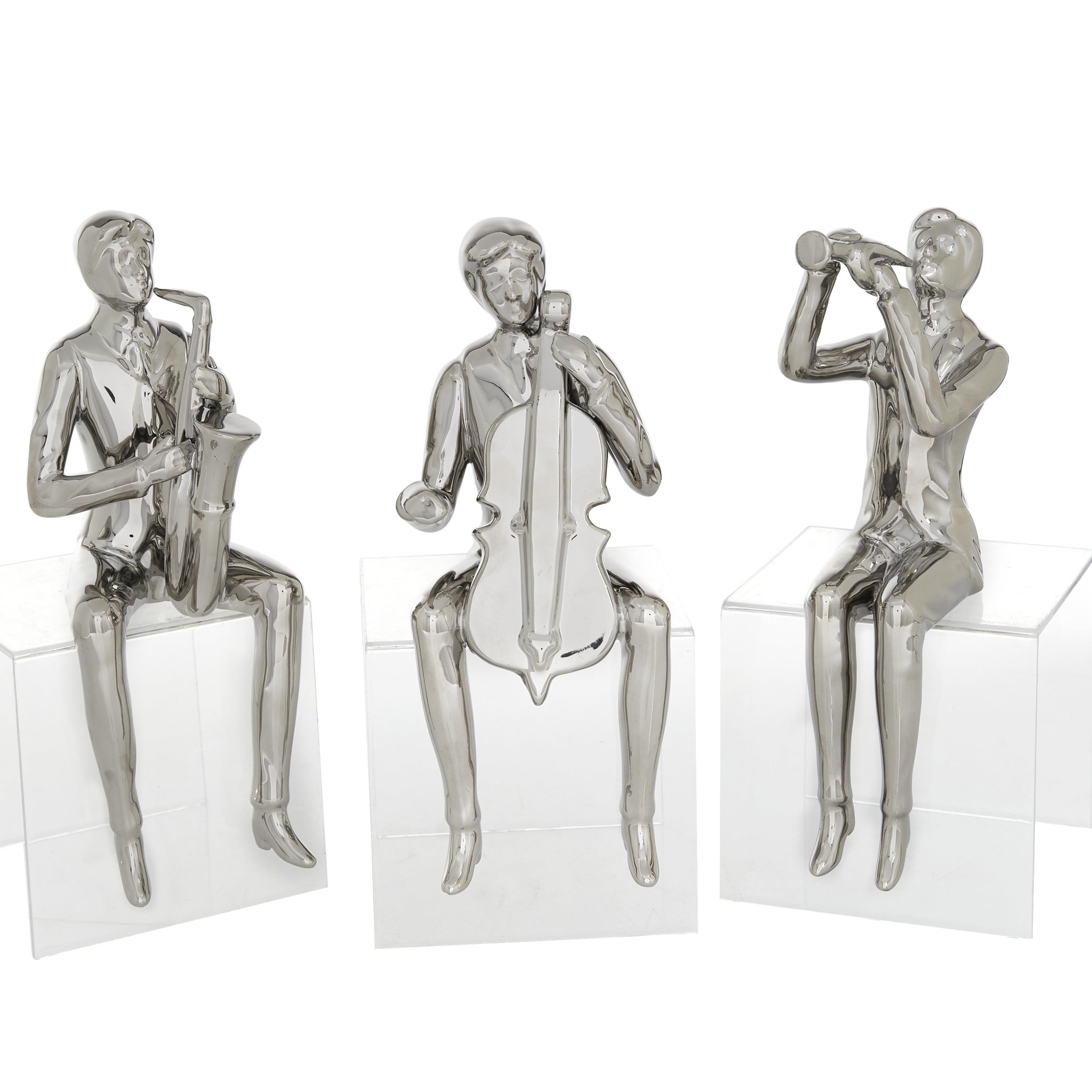 Elegant Silver Porcelain Musician Trio Sculptures, 9" Height