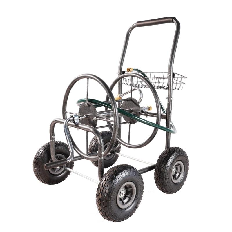 Green Heavy-Duty 4-Wheel Garden Hose Reel Cart with Storage Basket