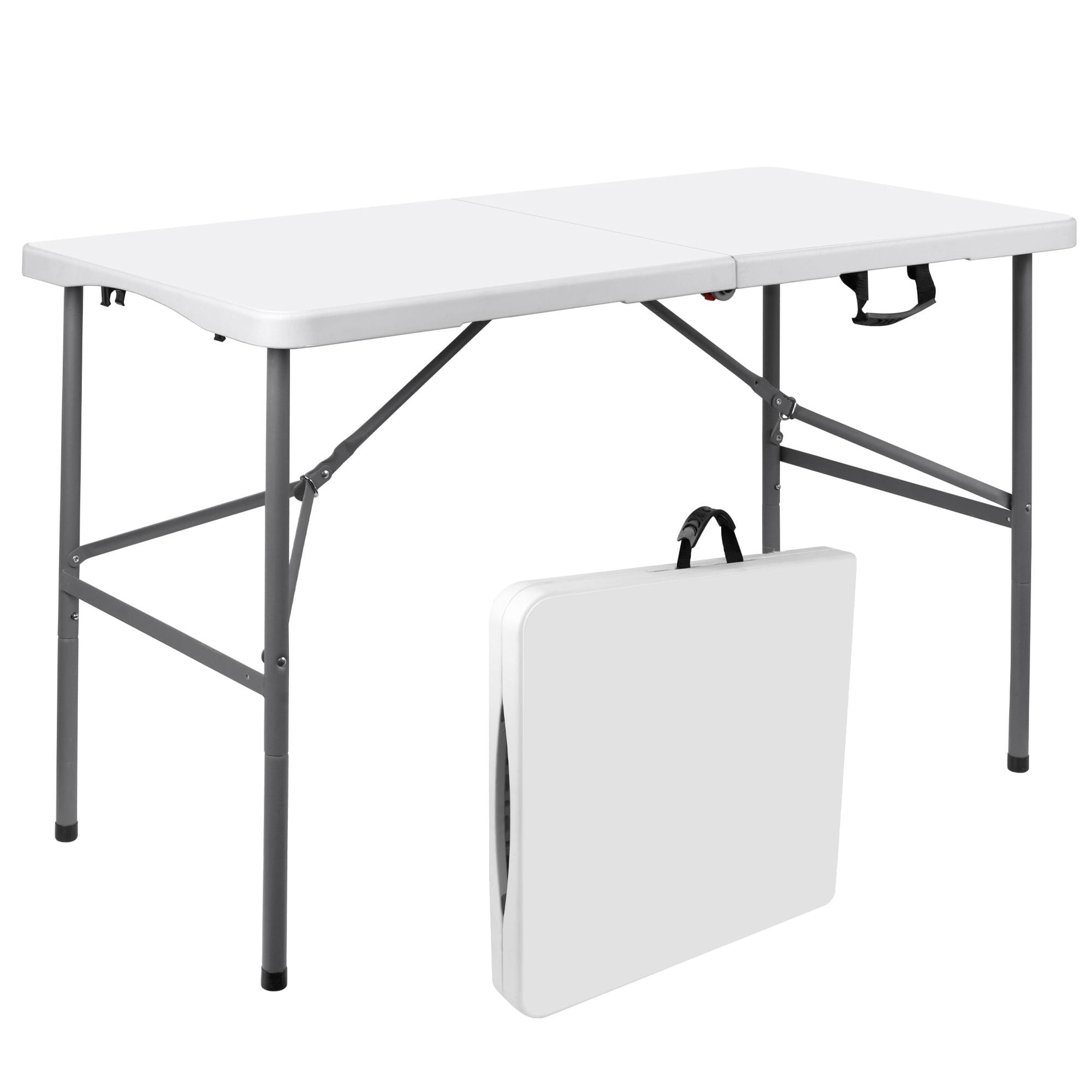 4 ft Portable Folding Table, Idustrial Heavy-Duty Foldable Table, HDPE Plastic Table, with Carrying Handle, Locks, Stright Legs for Indoor & Outdoor Party, Barbeque, Camping, Board Games - White