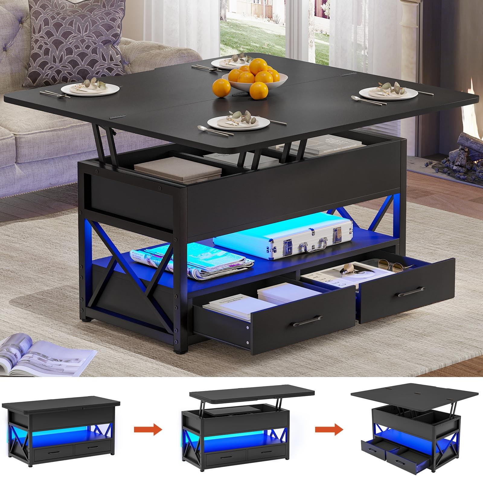 Lift Top Coffee Table with LED Light, Power Outlets, and Storage Shelf, Coffee Tables with 2 Storage Drawers and Hidden Compartment, Coffee Table for Living Room (Black)