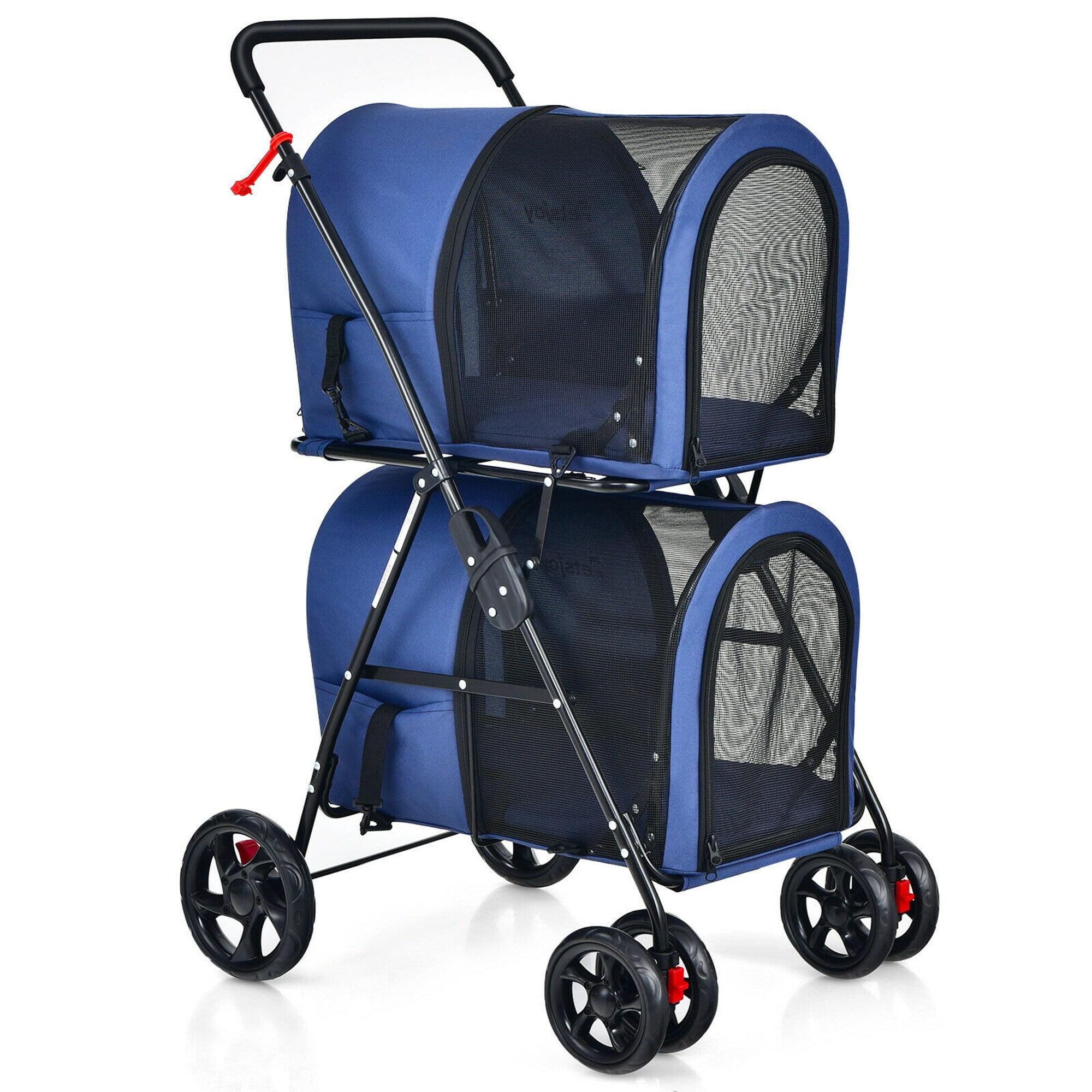 Blue Double-Decker Pet Stroller with Detachable Carriers