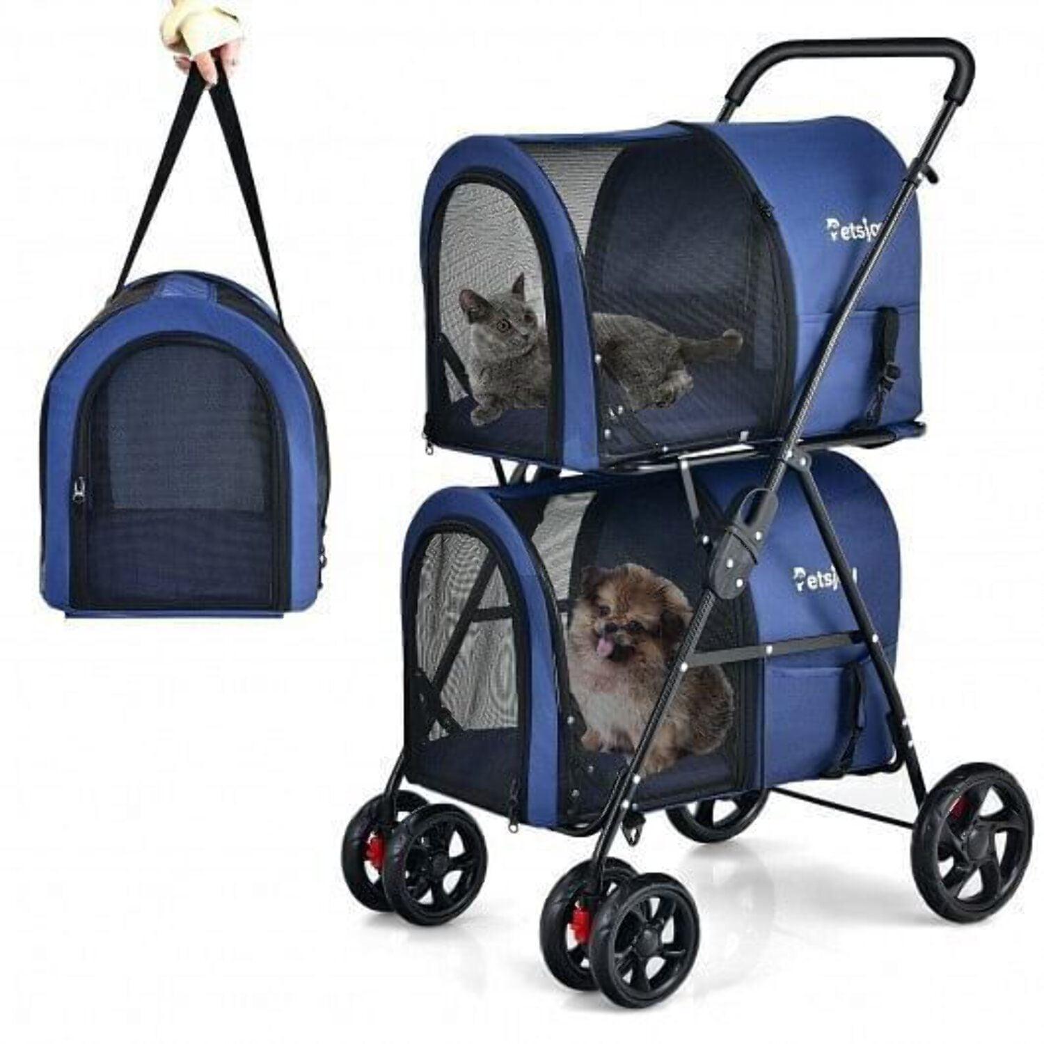 Blue Double-Decker Pet Stroller with Detachable Carriers