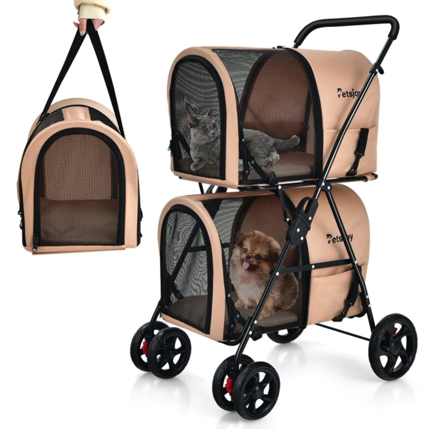 Beige 4-in-1 Double Pet Stroller with Detachable Carriers