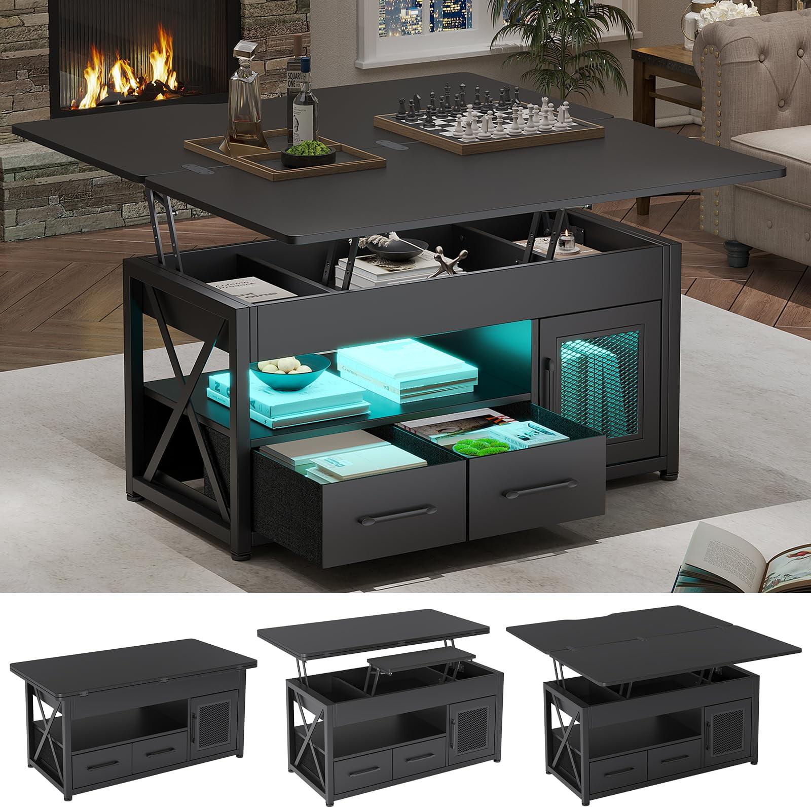 40" Black Lift-Top Coffee Table with Storage and LED Light