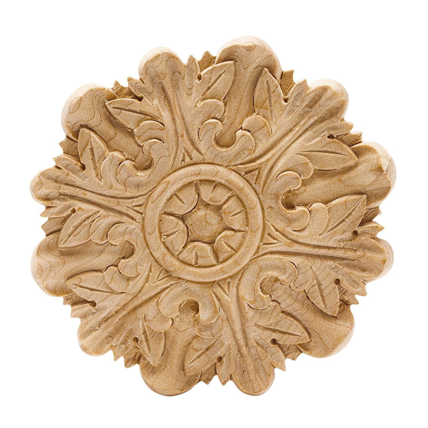 4 in x 3/8 in Unfinished Small Hand Carved Solid Hard Maple Rosette Acanthus Wood Applique