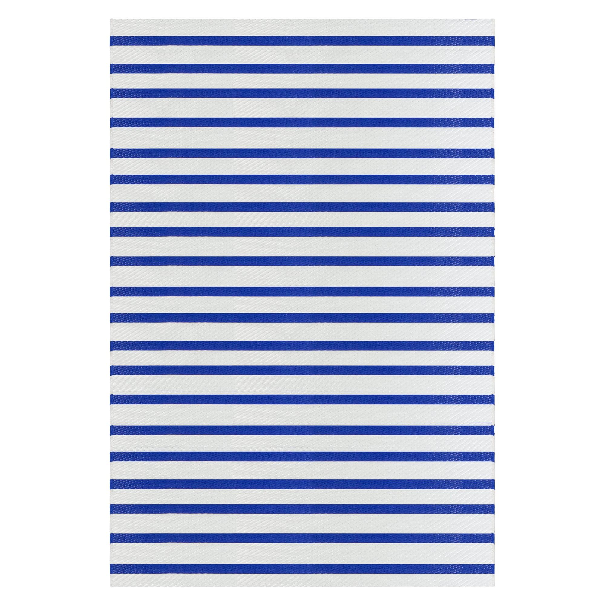 4' x 6' Blue and White Striped Synthetic Outdoor Rug