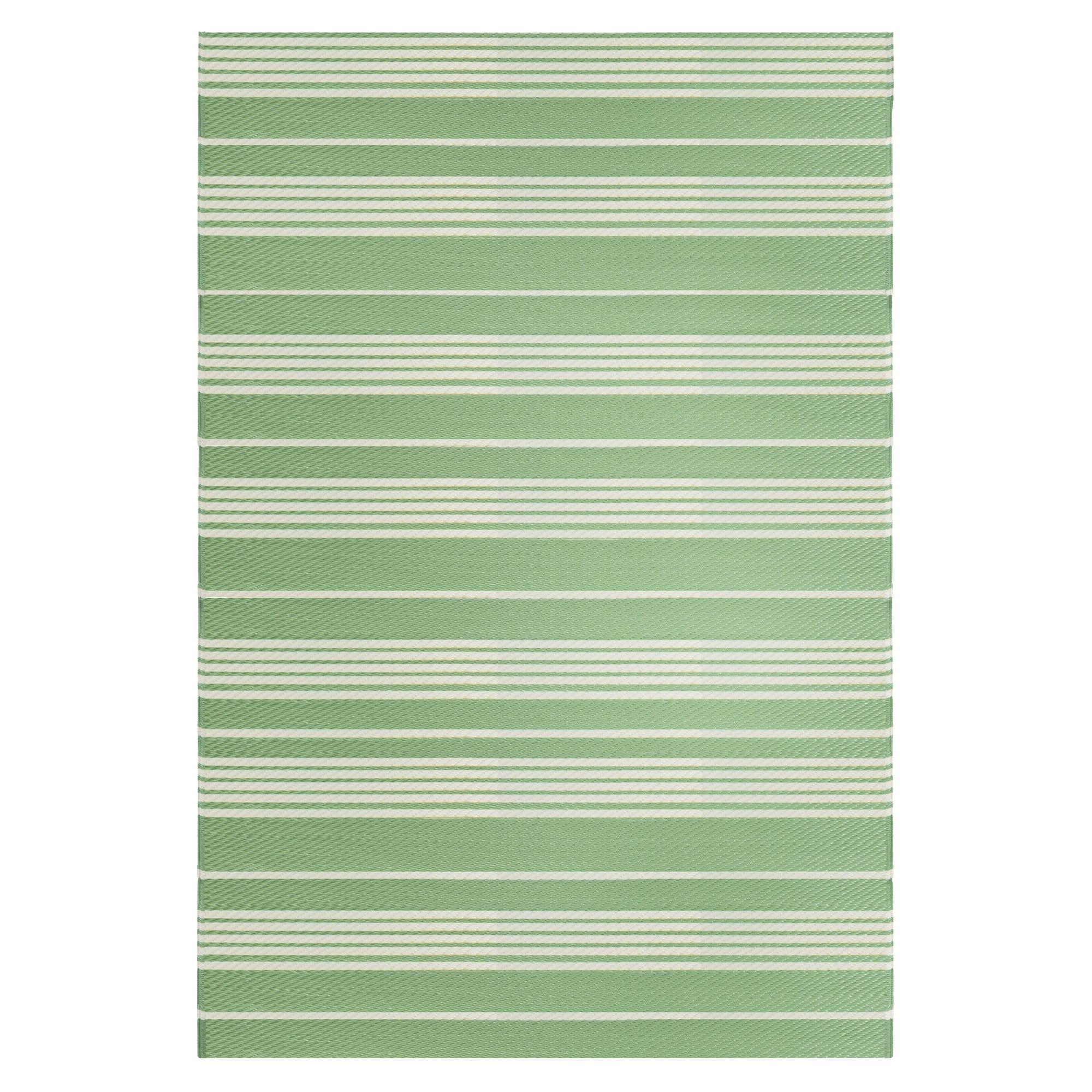 Green and White Striped Easy-Care Synthetic Outdoor Rug, 4' x 6'